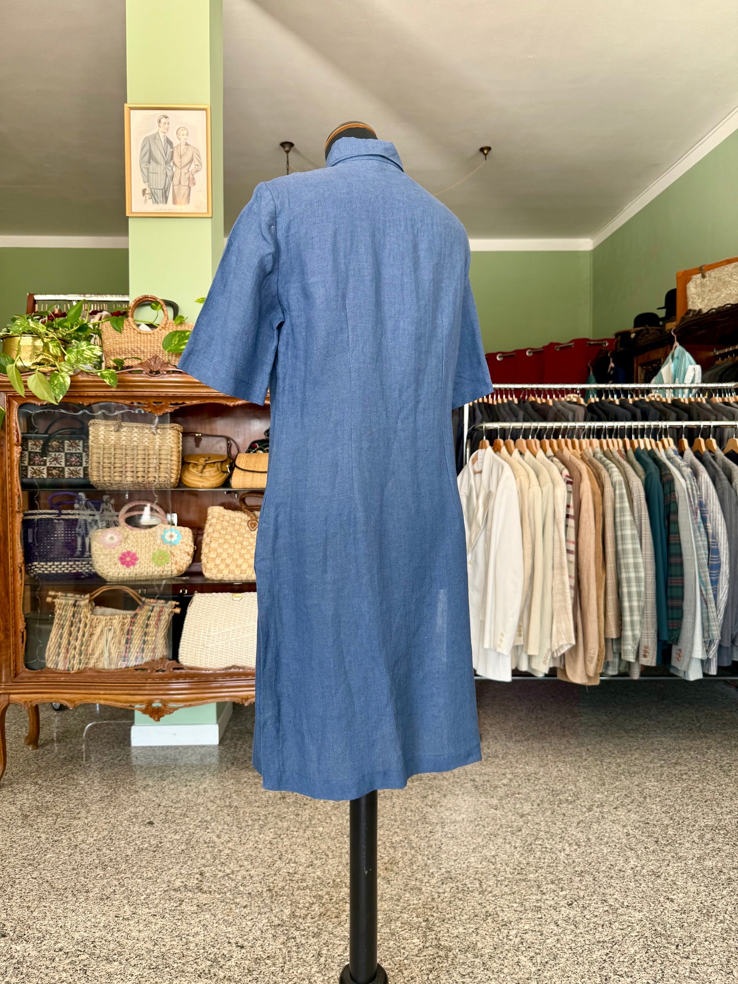 Abito camicia anni ’70 in puro lino blu denim - TG. 40 circa