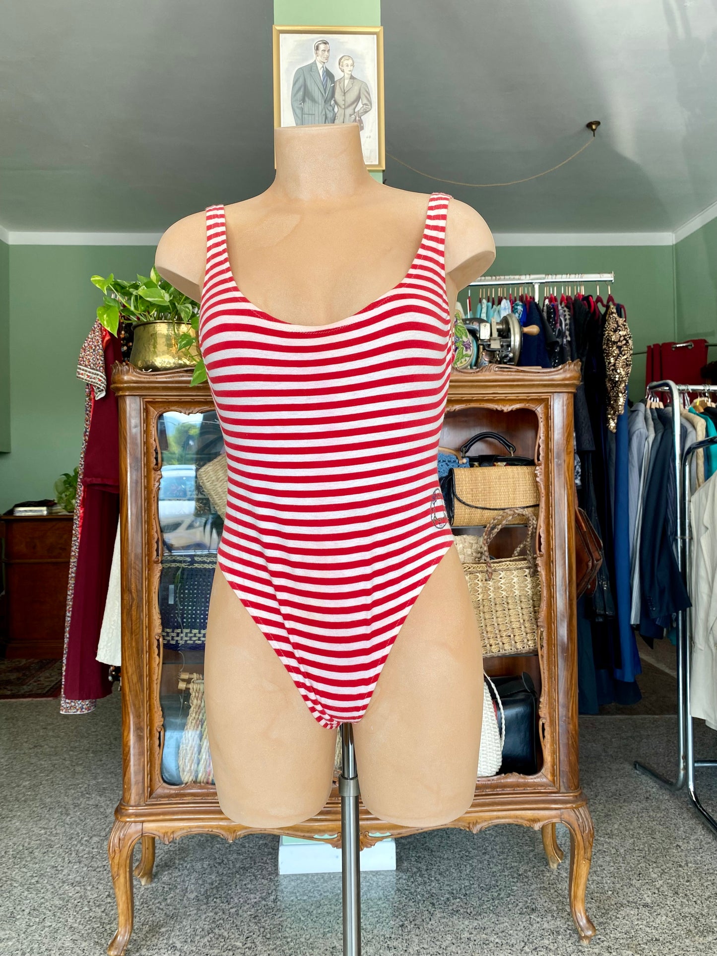 Costume da bagno anni ‘80 a righe rosse e bianche - TG. 38 circa