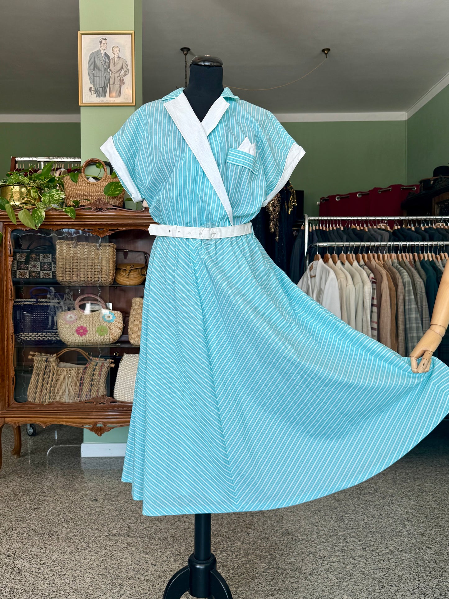 Abito anni ’80 stile rockabilly con righe bianche e turchesi - TG. 46