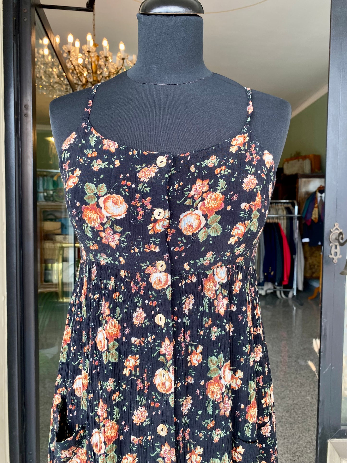 Abito estivo anni ’90 in viscosa – Spalline sottili e fantasia floreale vintage - TG. 38/40/42