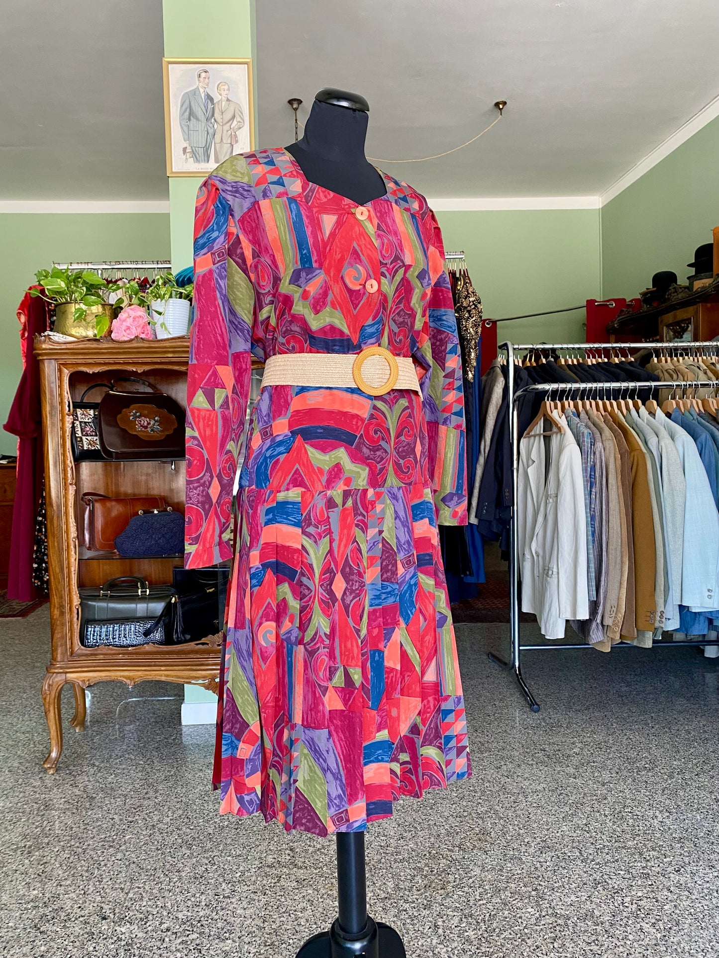 Completo vintage anni ’80 — camicia e gonna in stampa geometrico-tribale multicolor - TG. 46