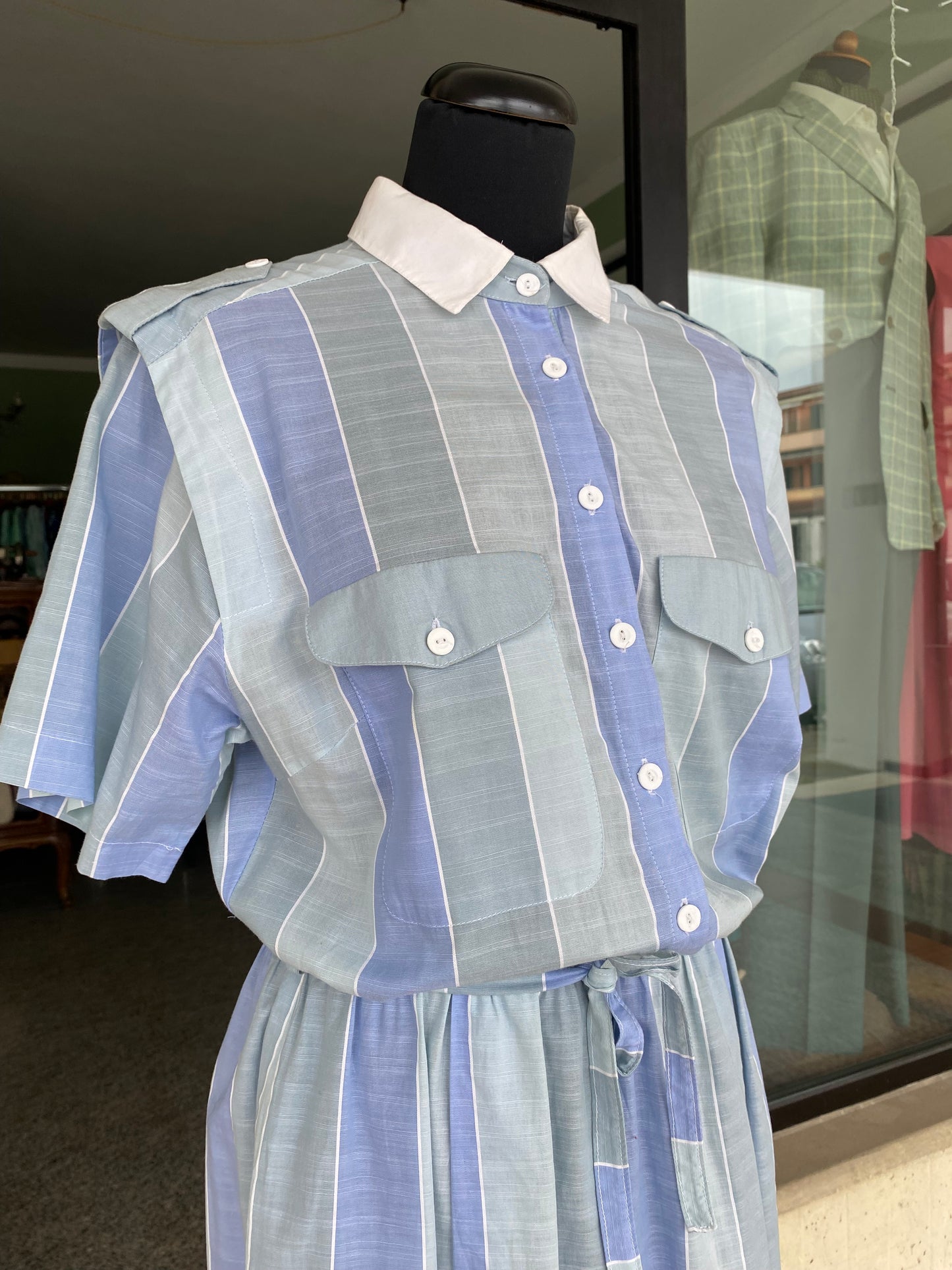 Abito chemisier vintage in cotone a righe azzurre - TG. 40/42