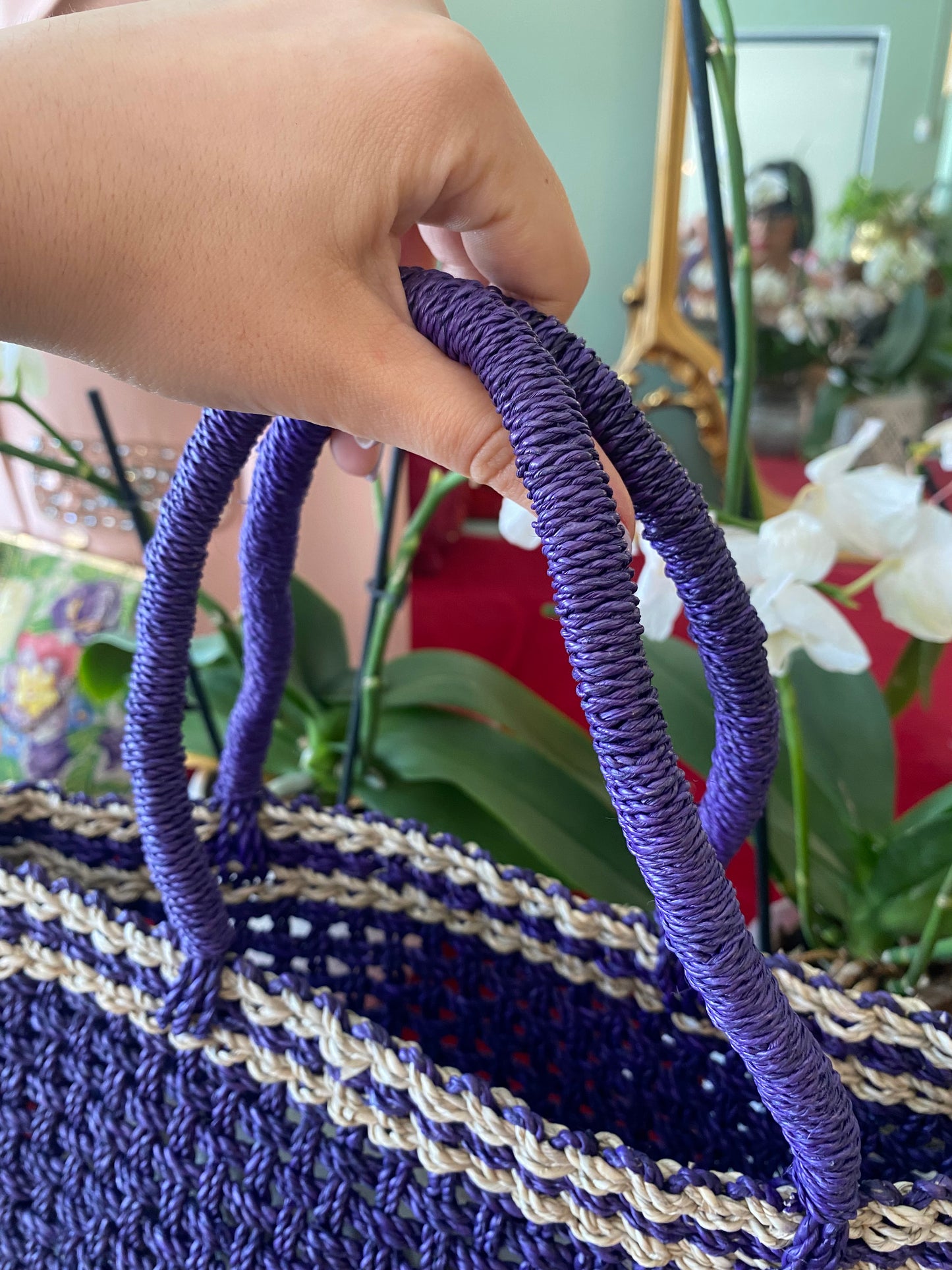 Borsa in rafia viola e naturale