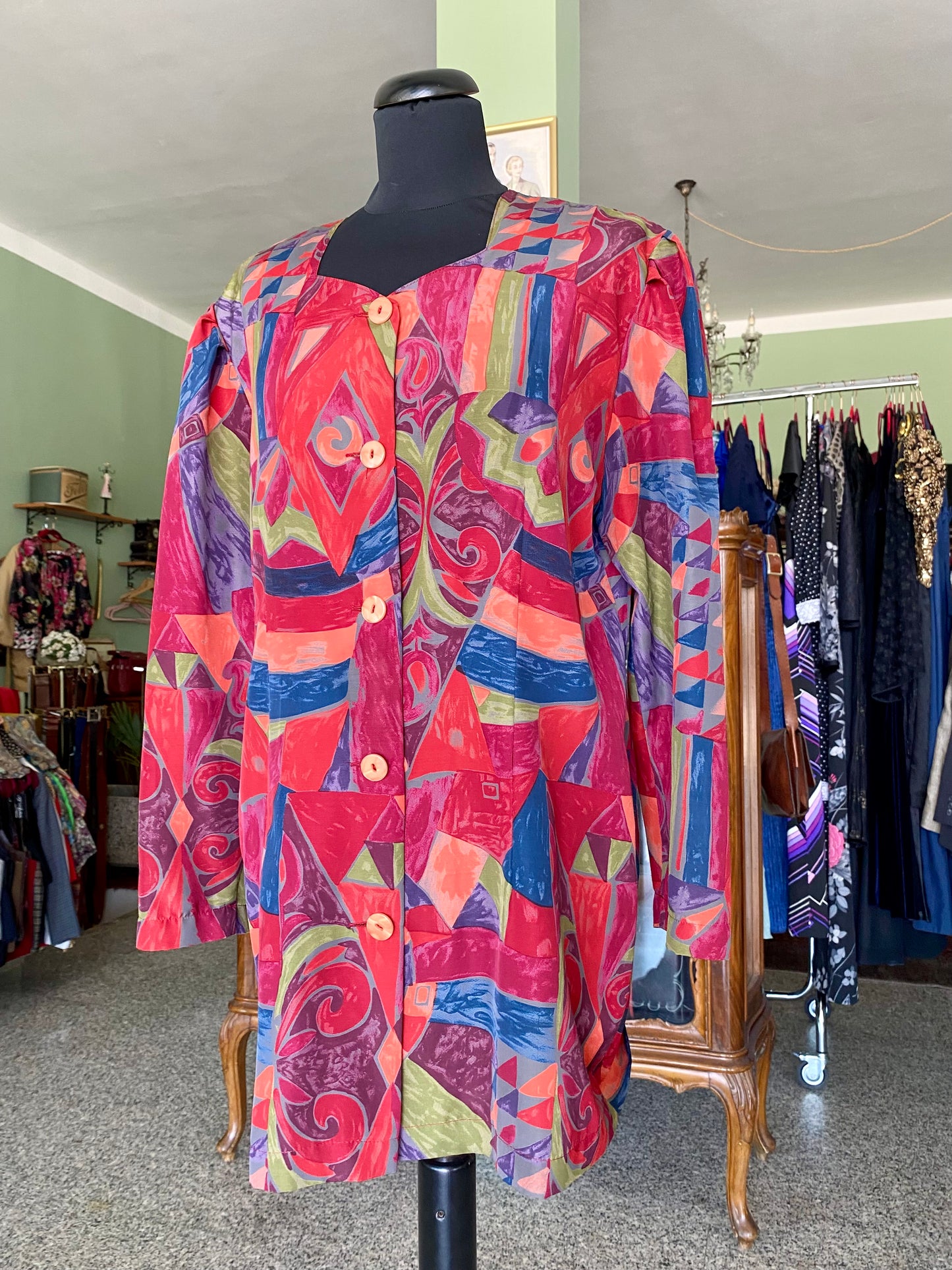 Completo vintage anni ’80 — camicia e gonna in stampa geometrico-tribale multicolor - TG. 46