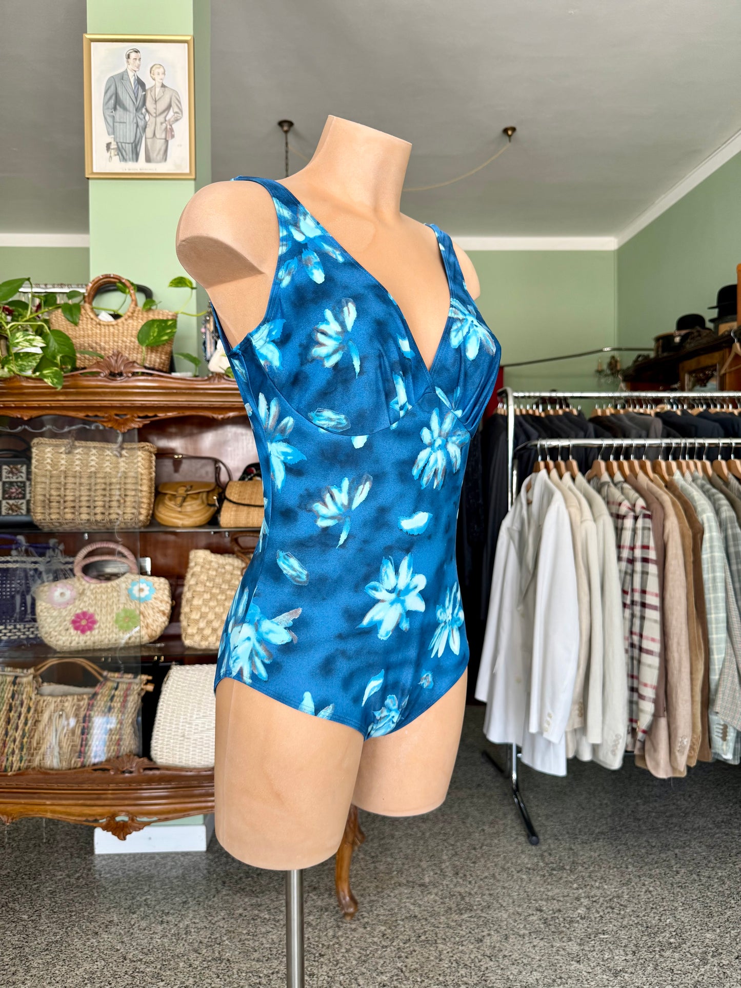 Costume intero blu con fiori azzurri - TG. 44