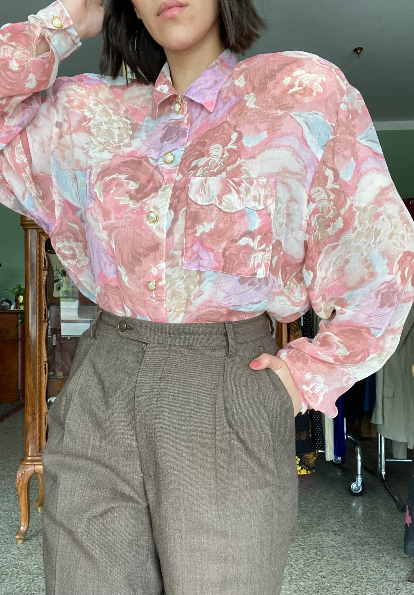 Camicia anni ‘80 stampa floreale rosa - TG. da 42 a 48
