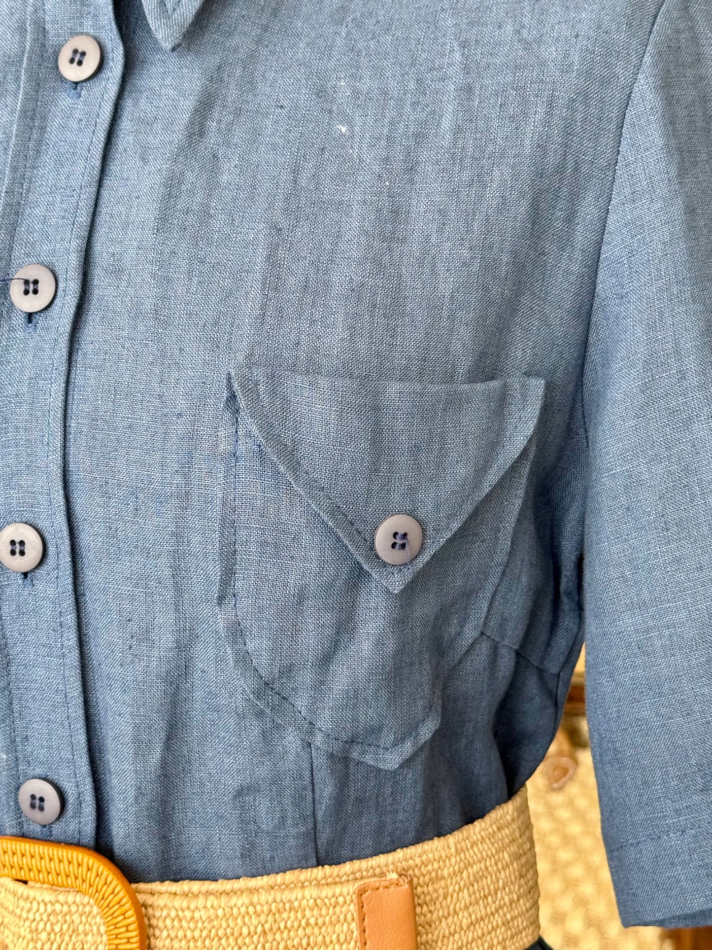 Abito camicia anni ’70 in puro lino blu denim - TG. 40 circa