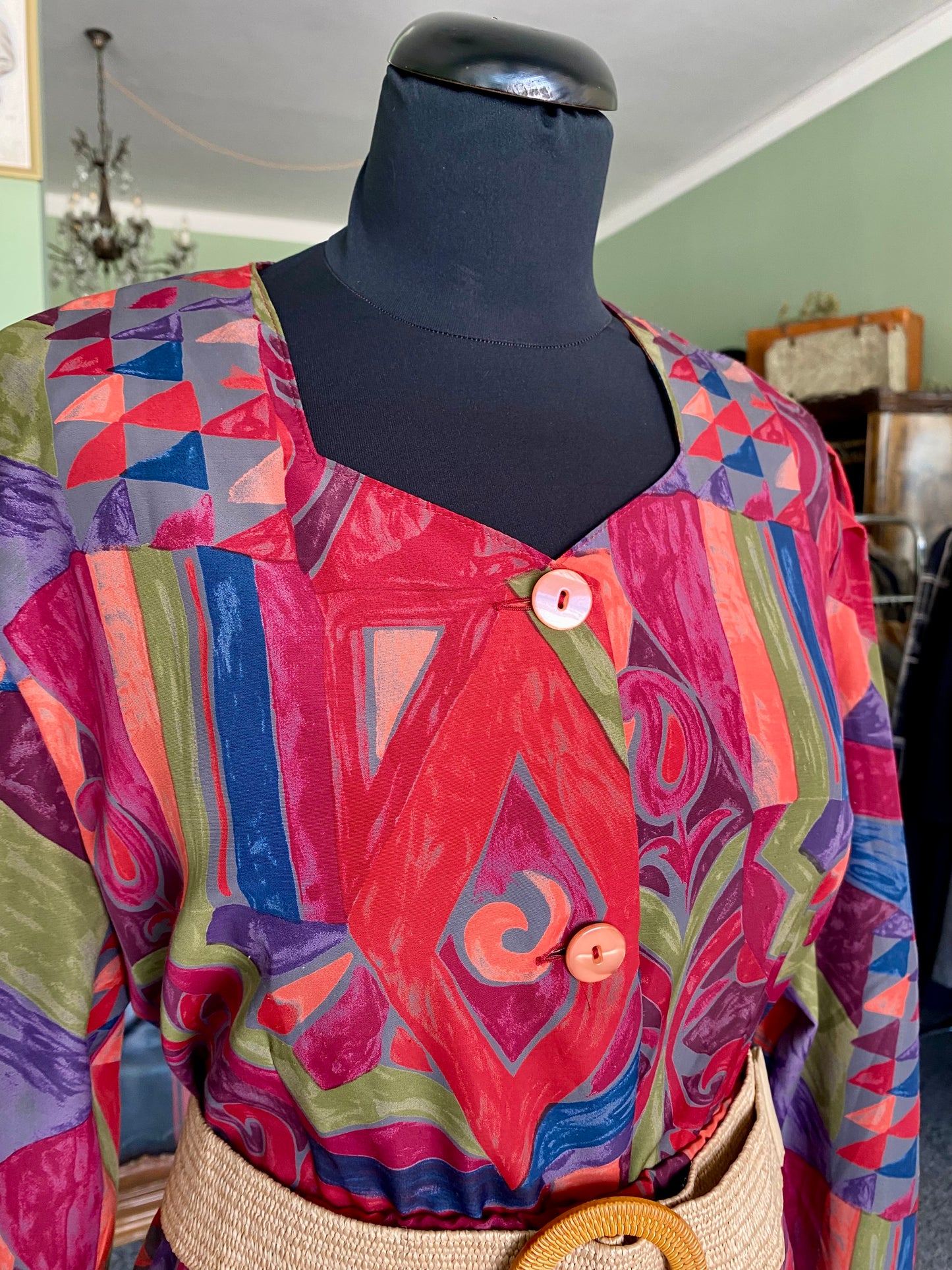 Completo vintage anni ’80 — camicia e gonna in stampa geometrico-tribale multicolor - TG. 46