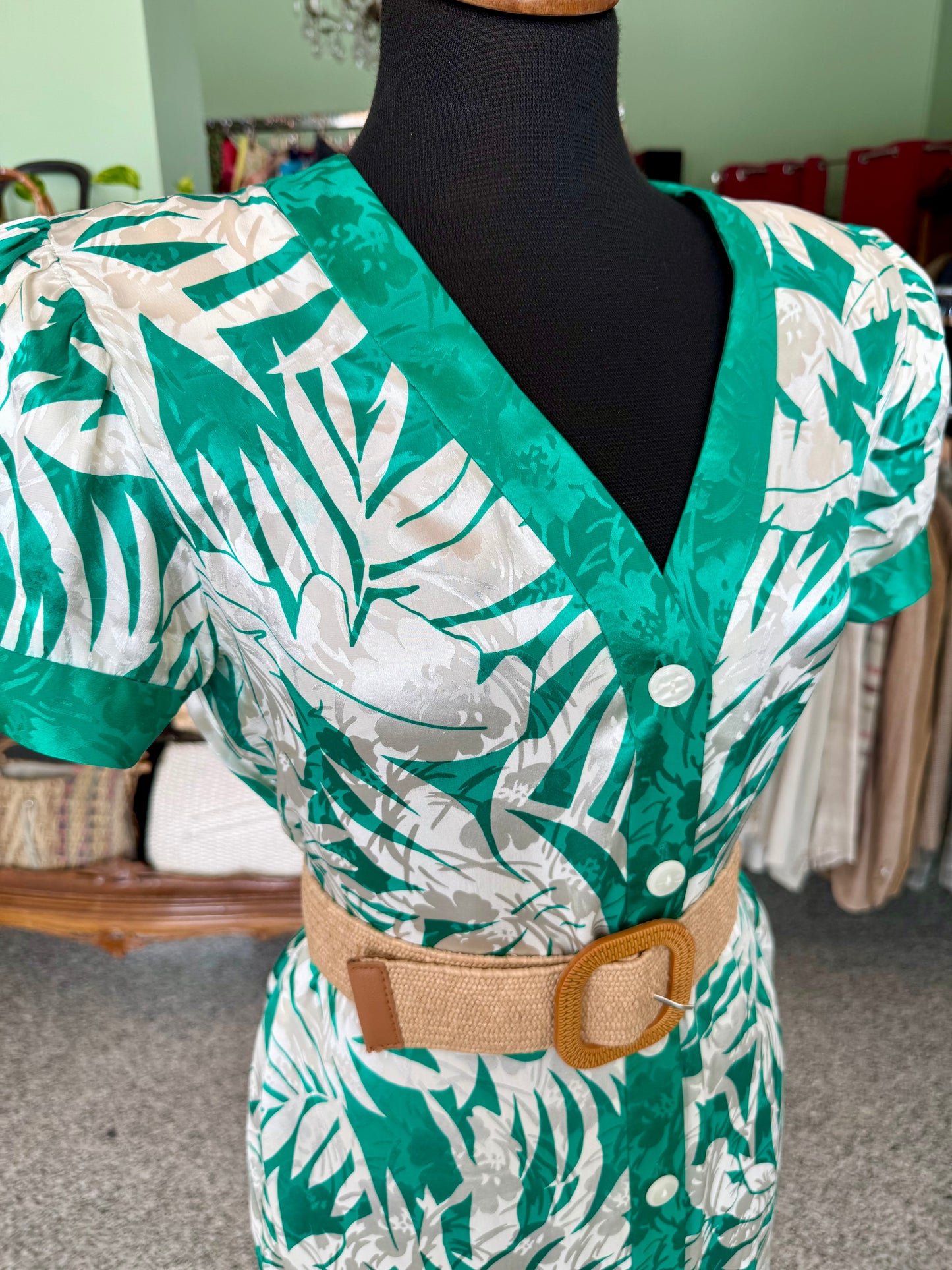 Abito anni ’80 in pura seta stampa tropicale - TG. 44 circa