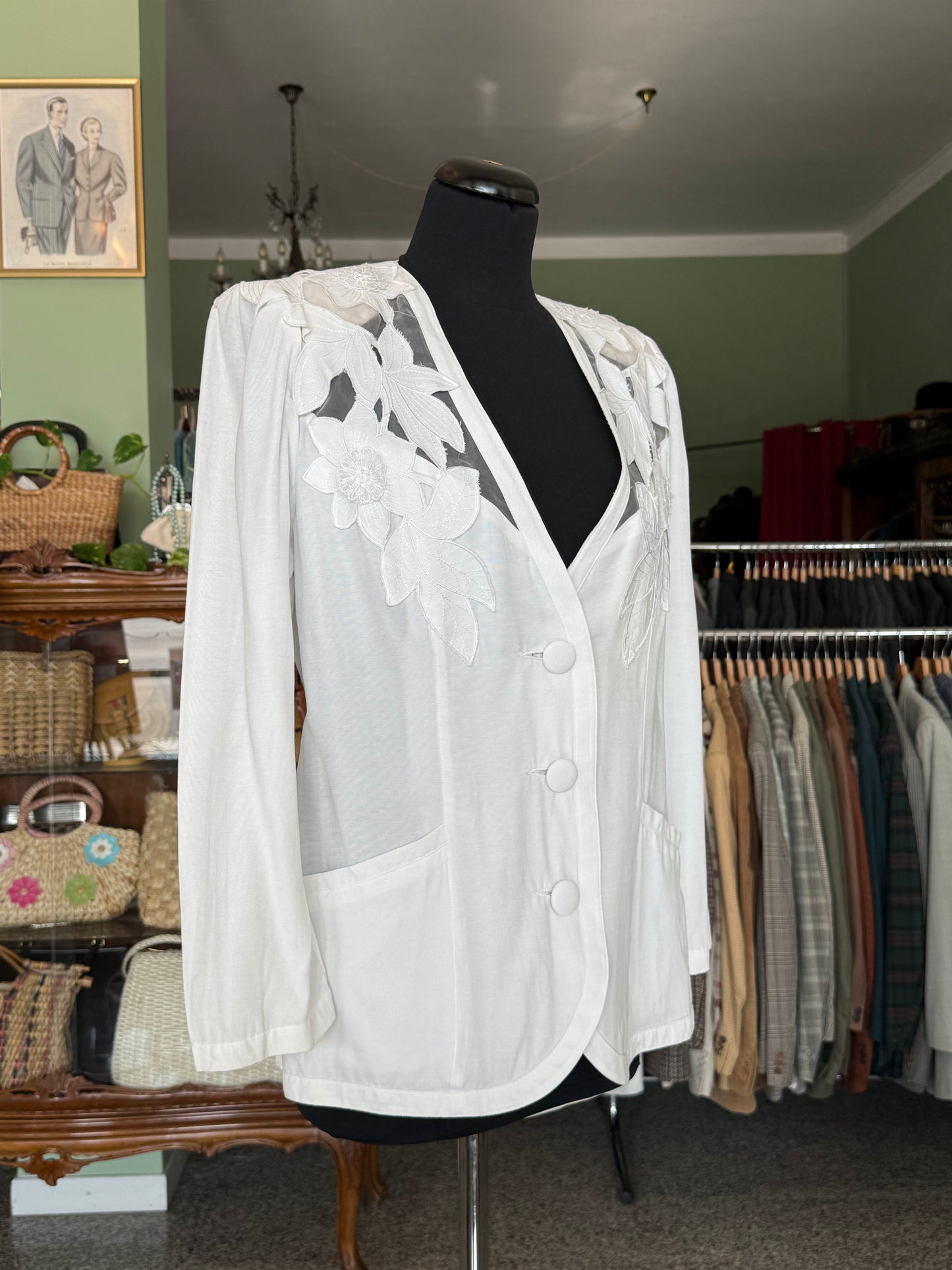 Giacca - camicia bianca anni ’80 con ricami floreali traforati- TG. 44