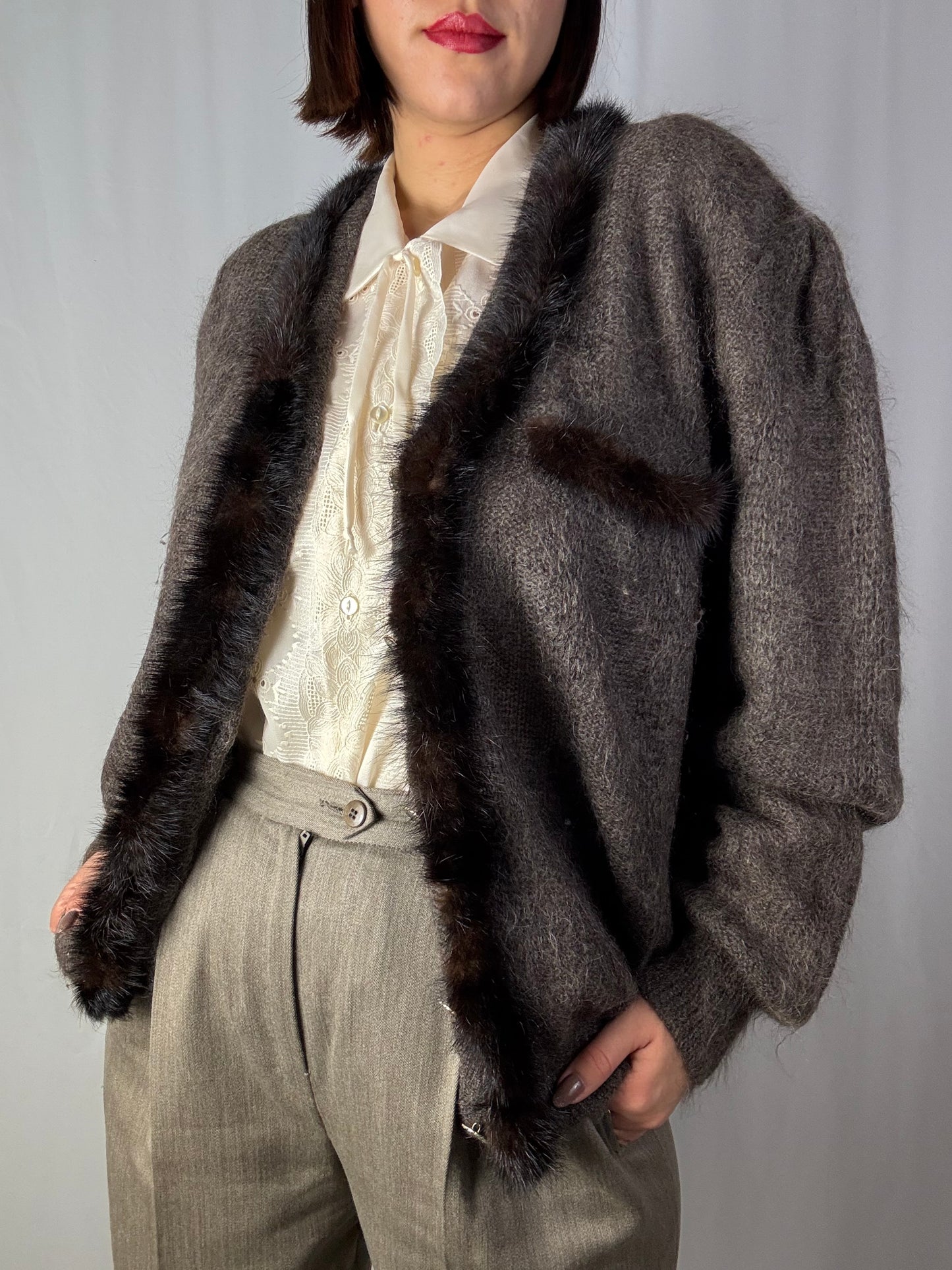 Cardigan Vintage in Mohair con Bordo in Visone – Eleganza Anni ’80 - TG. 48/50