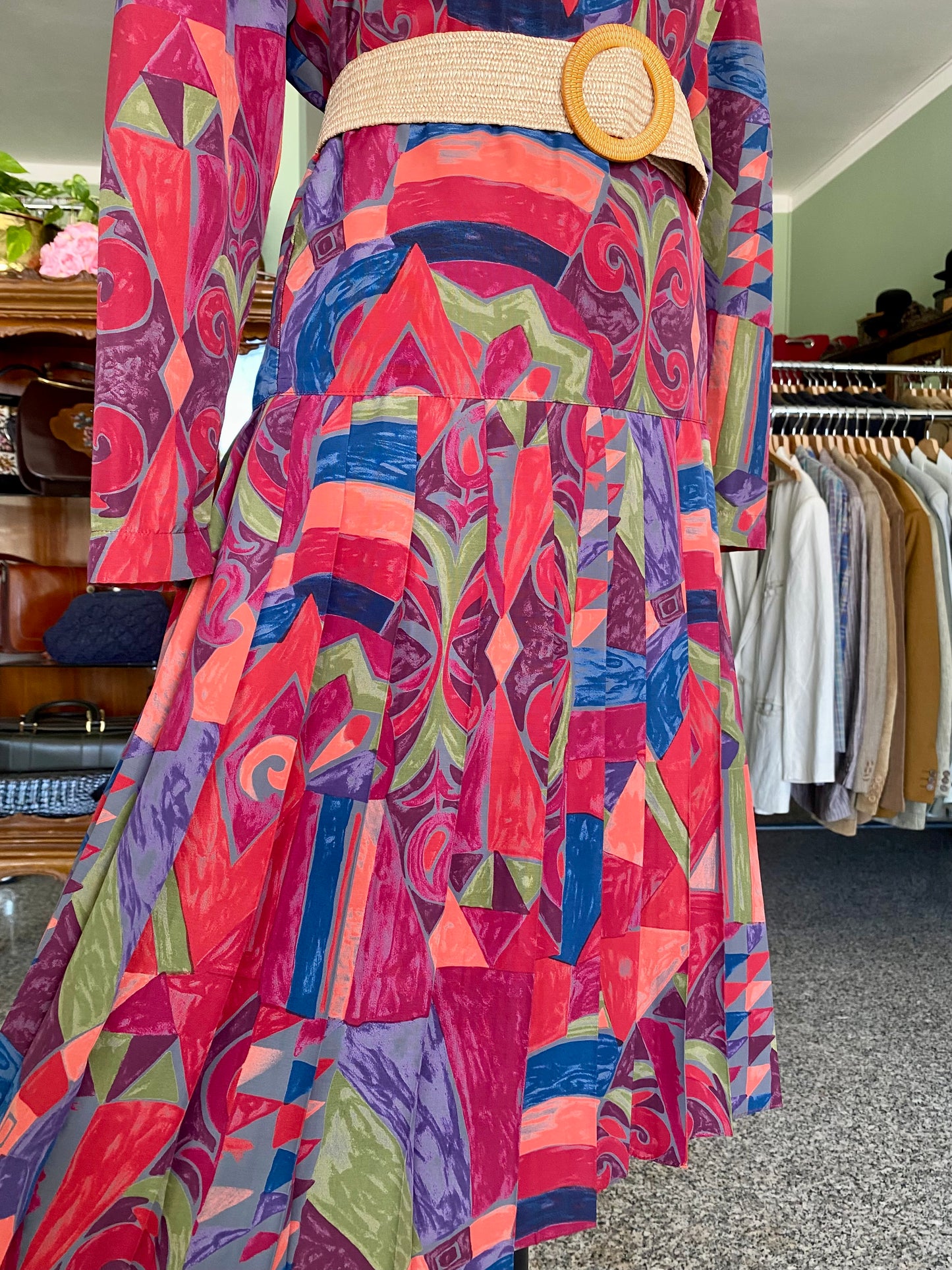 Completo vintage anni ’80 — camicia e gonna in stampa geometrico-tribale multicolor - TG. 46