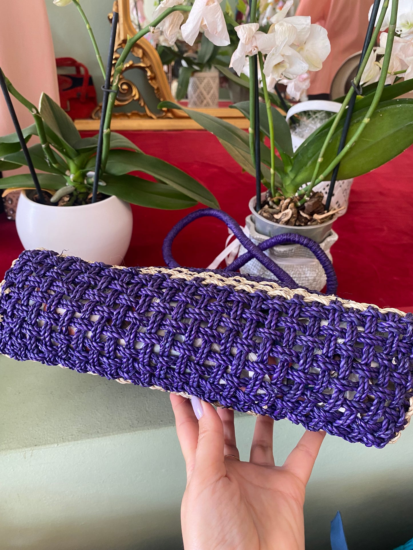 Borsa in rafia viola e naturale