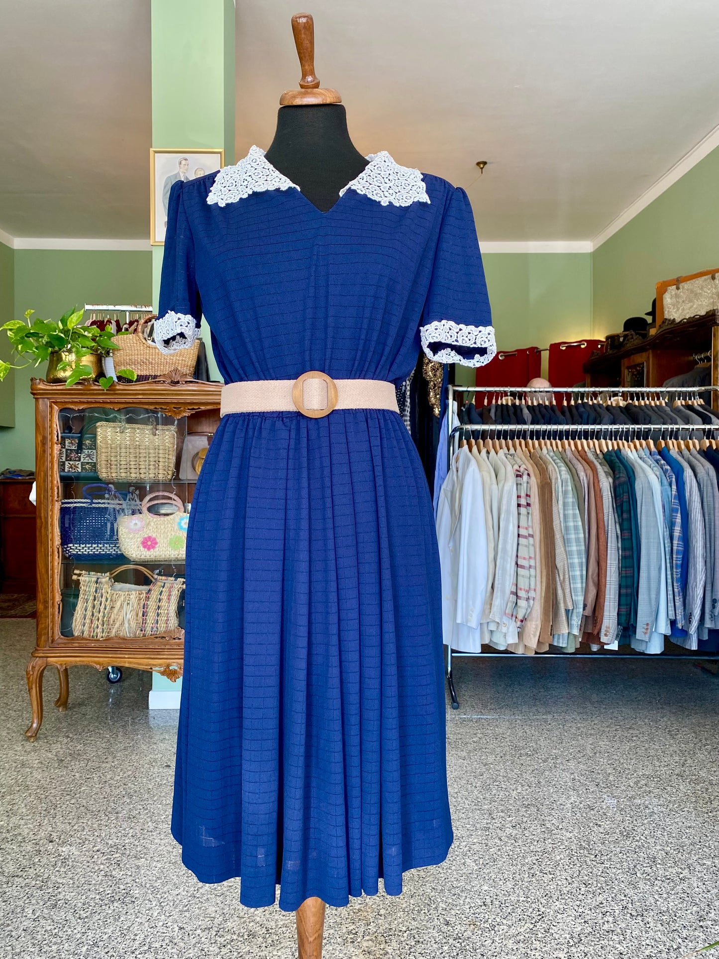 Abito plissettato anni '80 blu navy con pizzo bon ton - TG. 42 circa