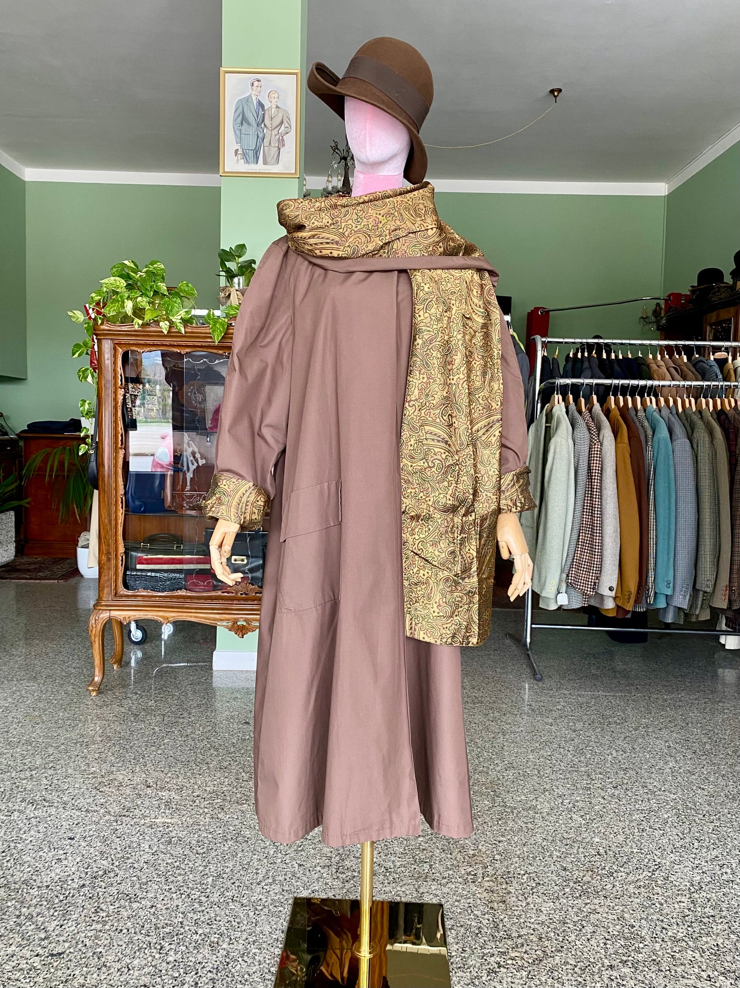Trench Cioccolato con Sciarpa e fodera oro in Paisley - TG. 48/50/52