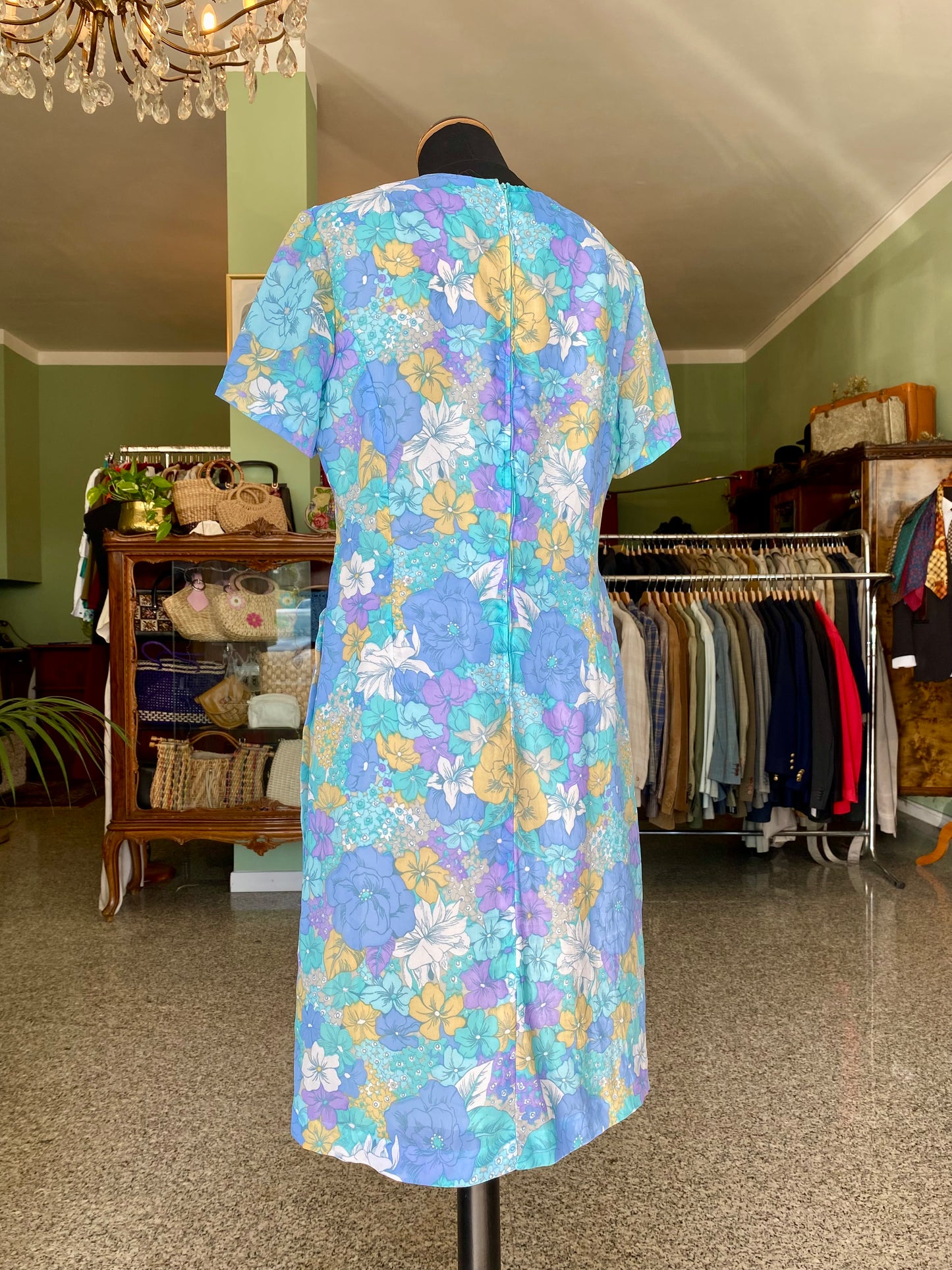 Abito vintage anni ’60 in Trevira Georgette a fiori – pieghe laterali - TG. 42 circa