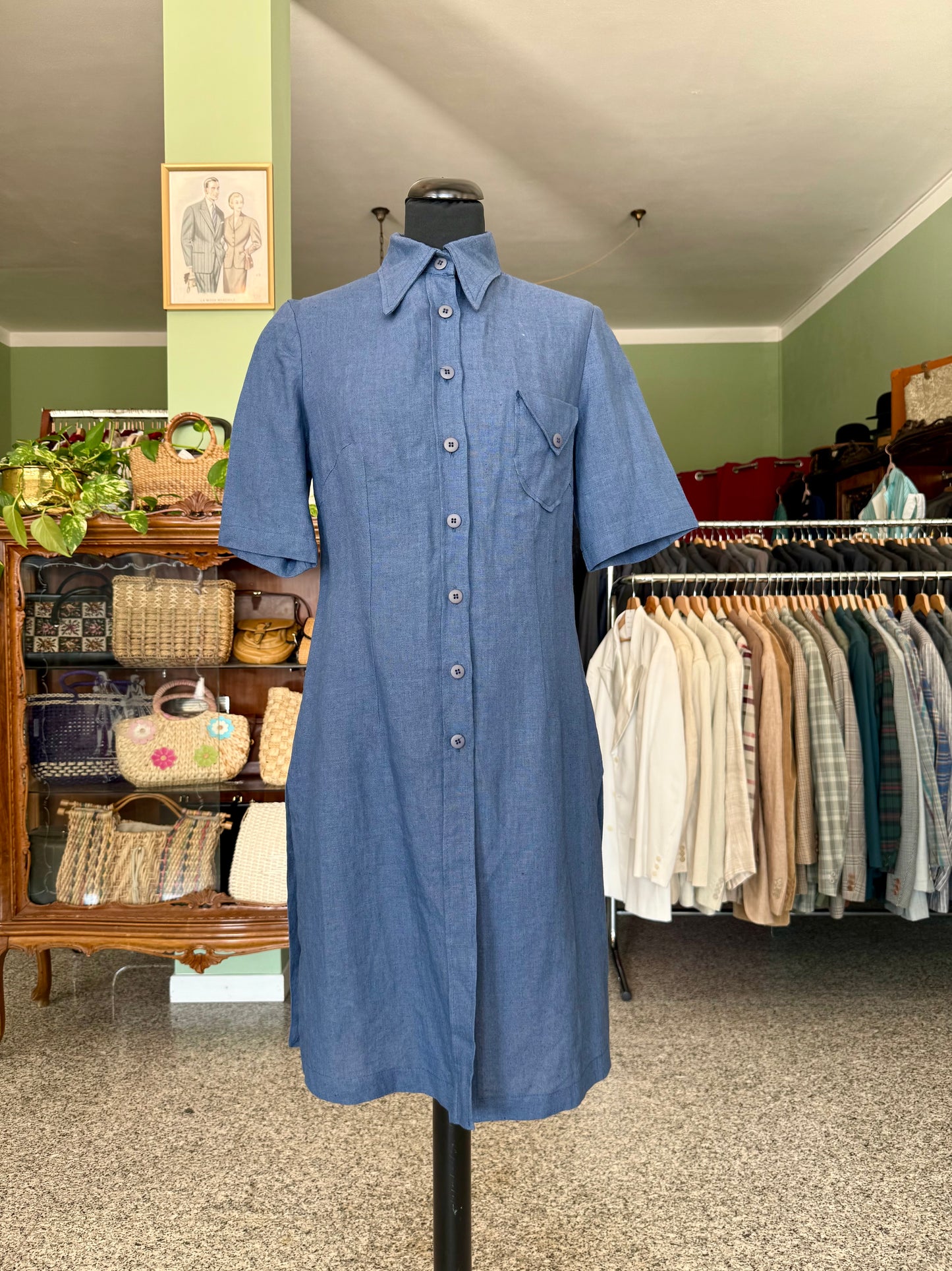 Abito camicia anni ’70 in puro lino blu denim - TG. 40 circa