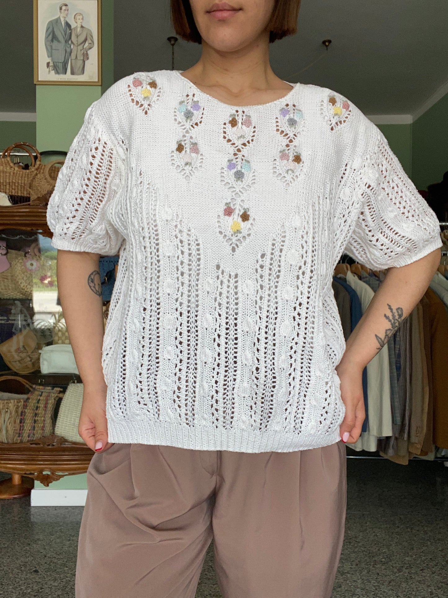 Maglia traforata anni '80 in puro cotone ricamato a mano – made in Shanghai - TG. 46/48 circa
