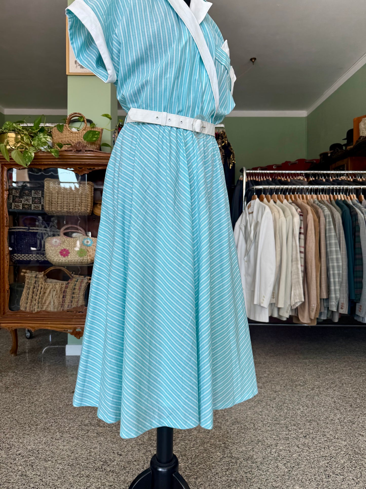 Abito anni ’80 stile rockabilly con righe bianche e turchesi - TG. 46
