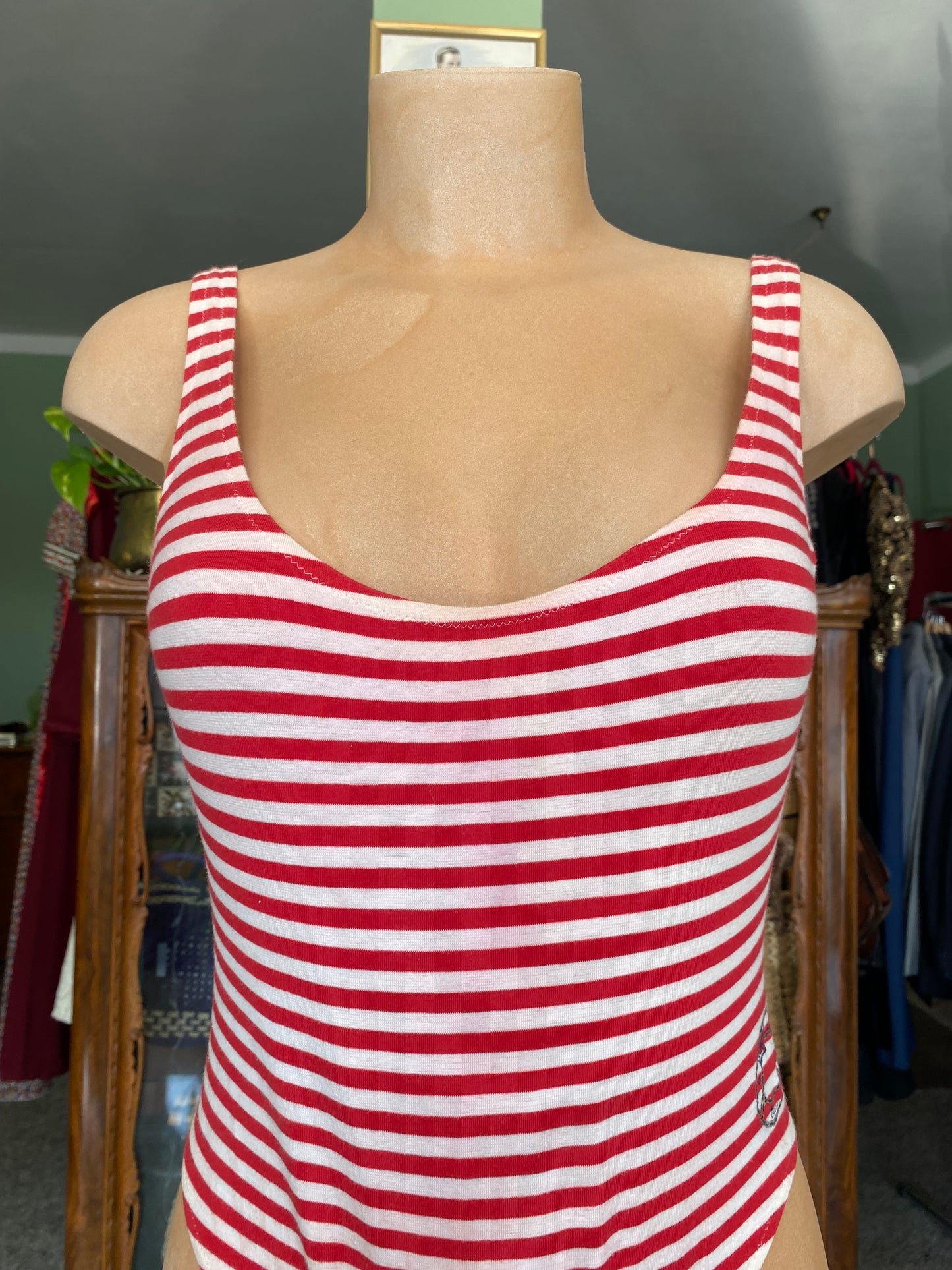 Costume da bagno anni ‘80 a righe rosse e bianche - TG. 38 circa
