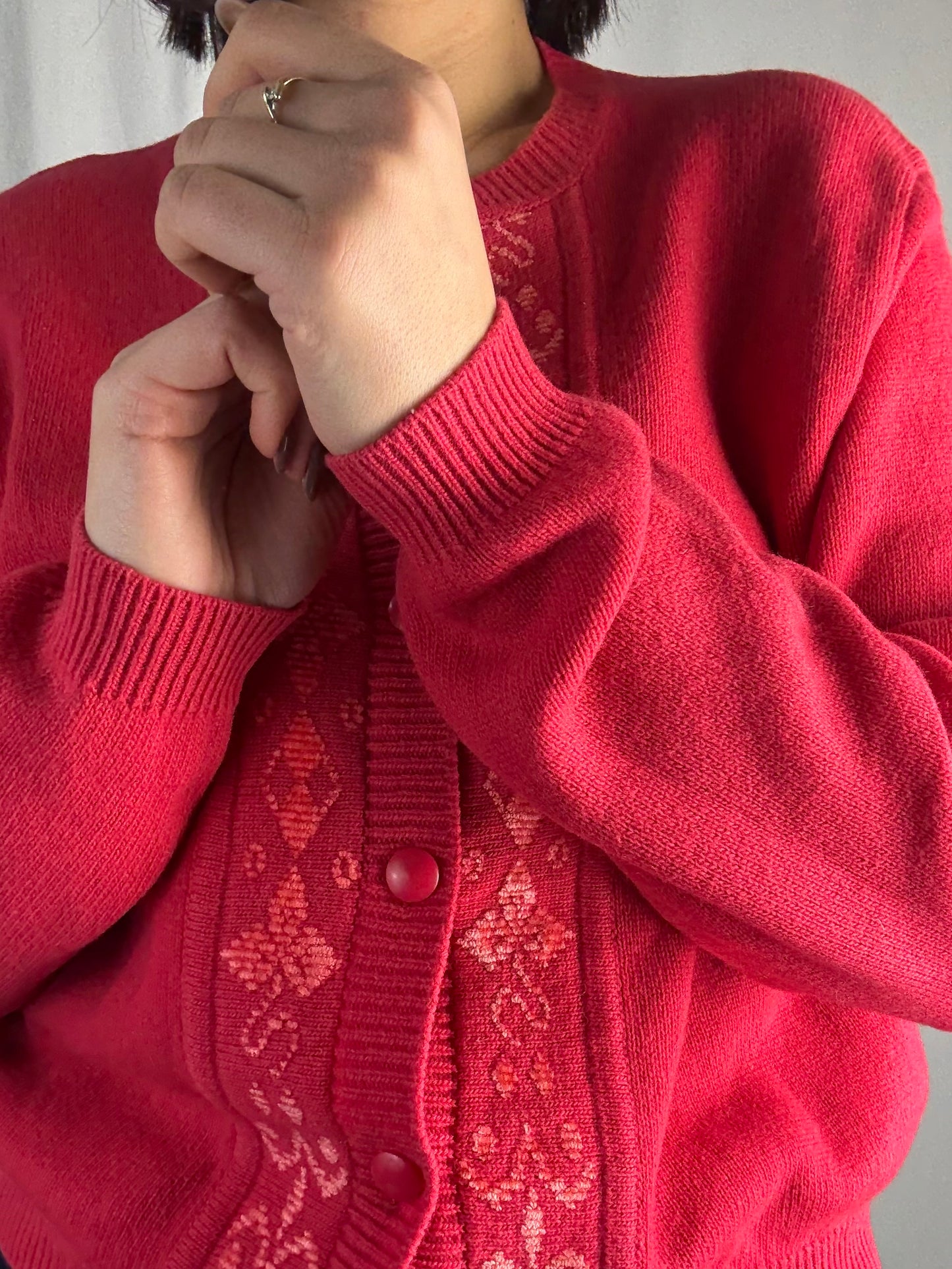 Cardigan in lana rosso con pannello jacquard ton-sur-ton - TG. 44