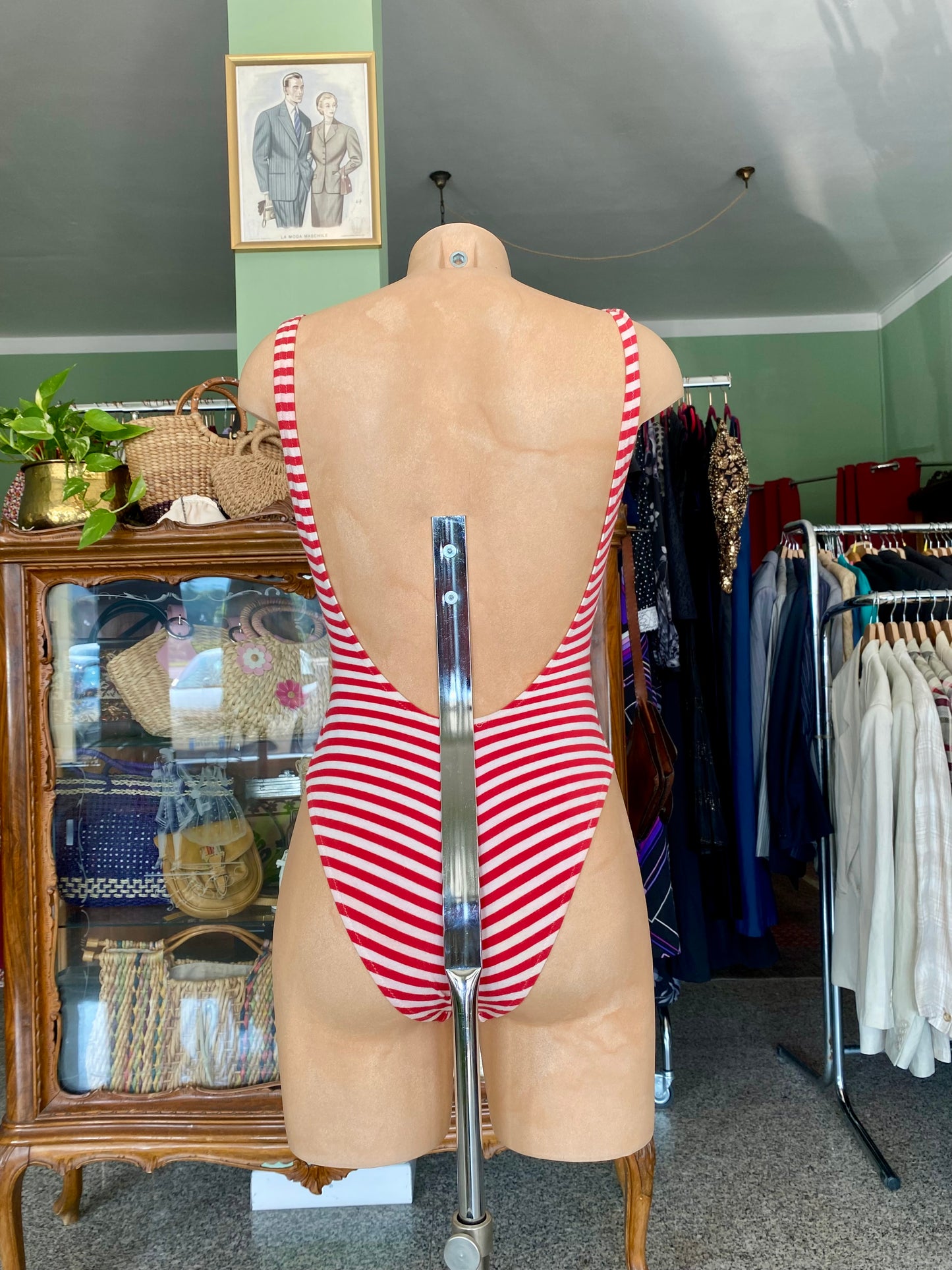 Costume da bagno anni ‘80 a righe rosse e bianche - TG. 38 circa