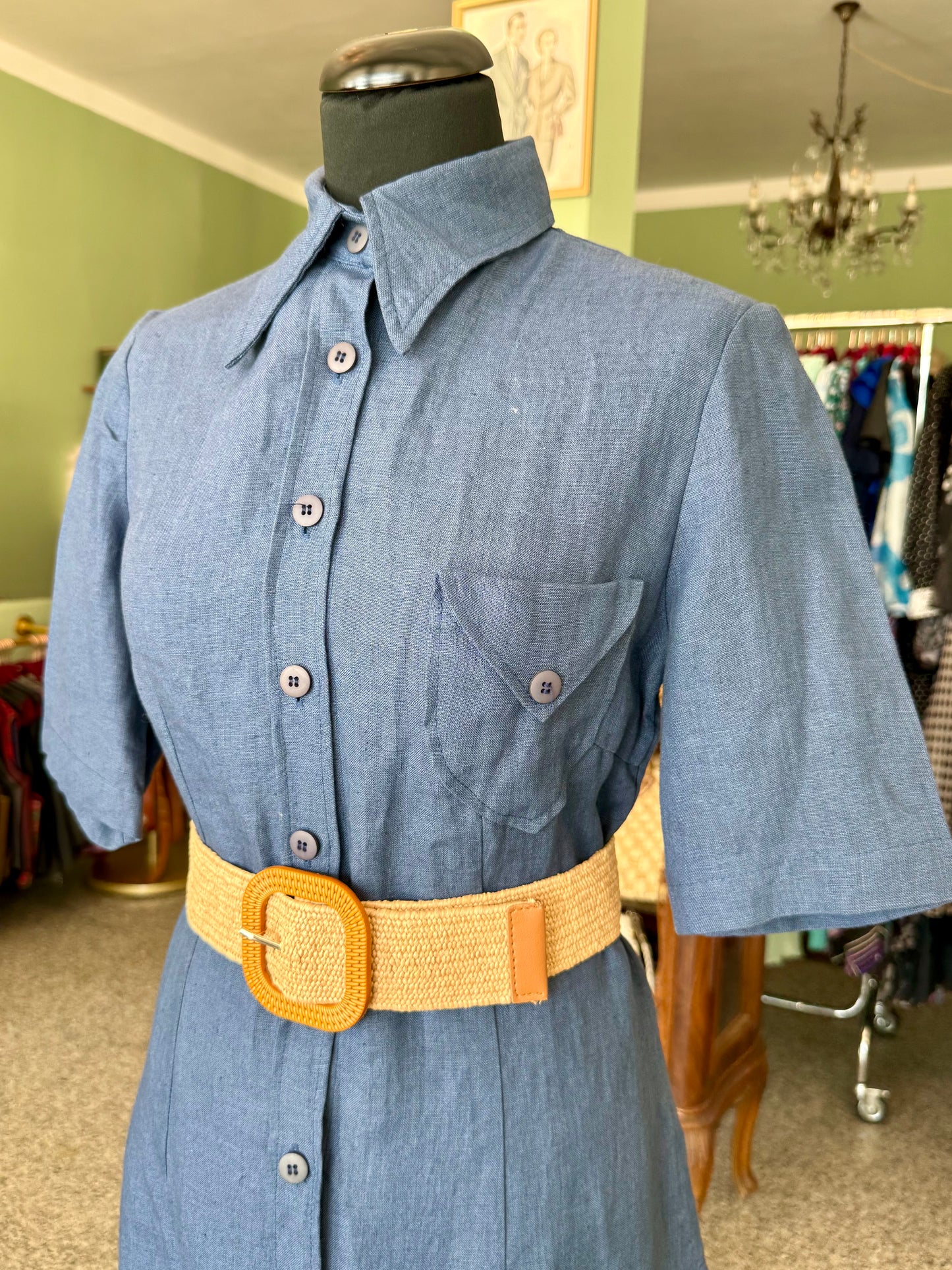 Abito camicia anni ’70 in puro lino blu denim - TG. 40 circa