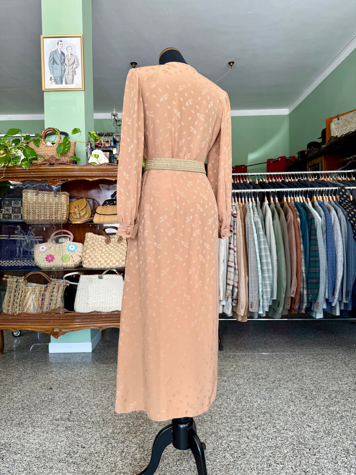 Abito sartoriale anni ’70 in pura seta – Bronzo con motivo jacquard - TG. 40