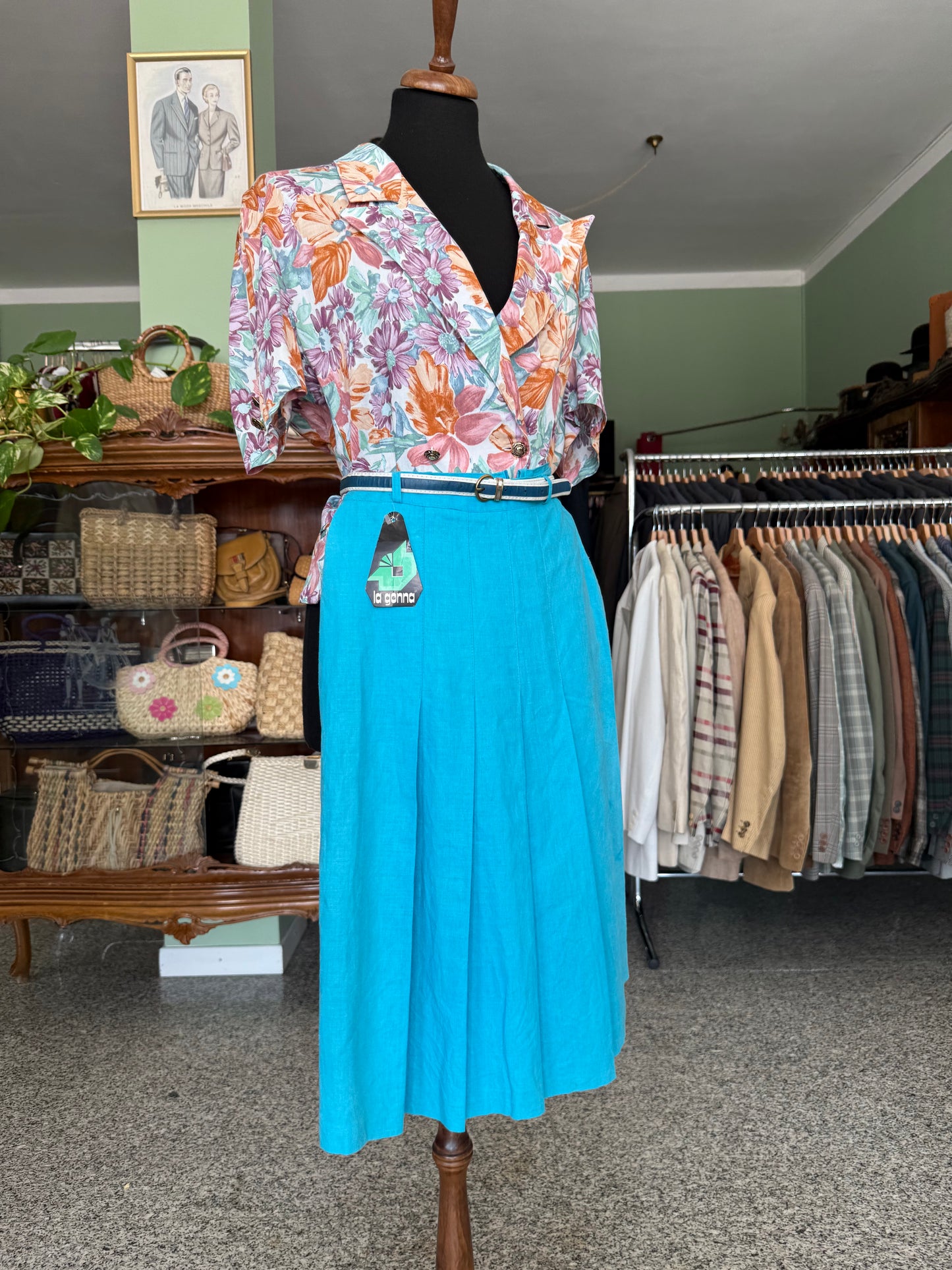 Gonna turchese anni ‘70 in lino e cotone - TG. 40