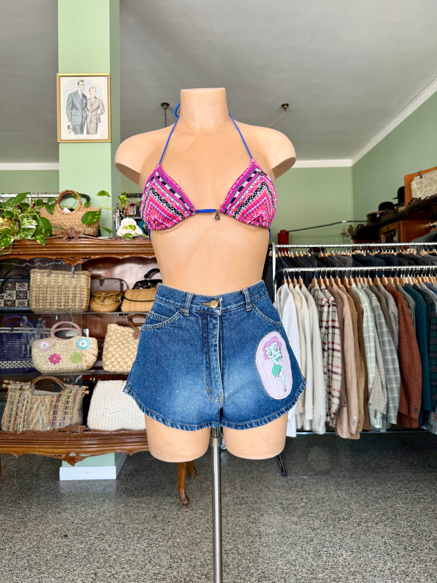 Bikini fucsia etnico con lacci blu - TG. 36/38