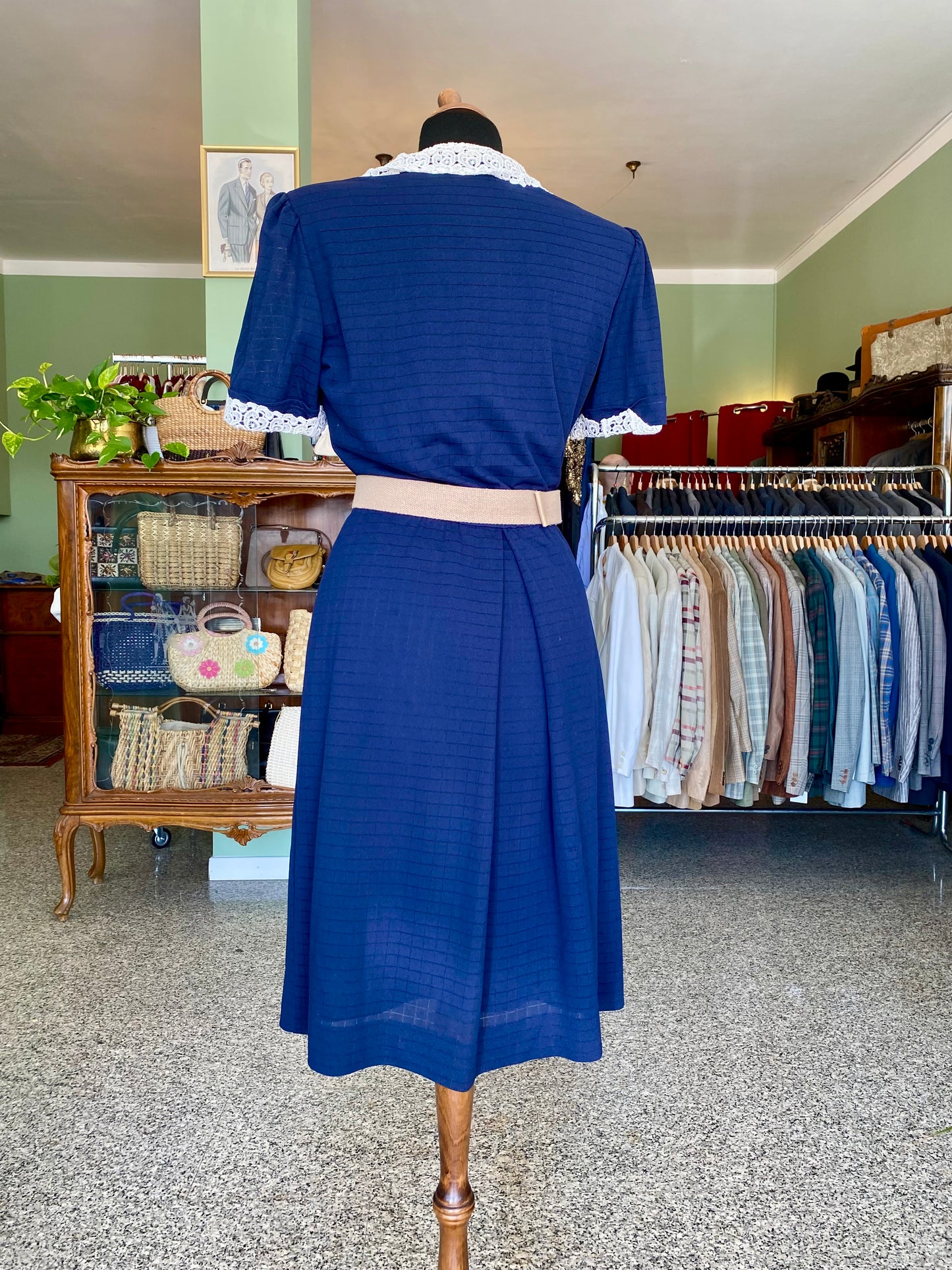 Abito plissettato anni '80 blu navy con pizzo bon ton - TG. 42 circa