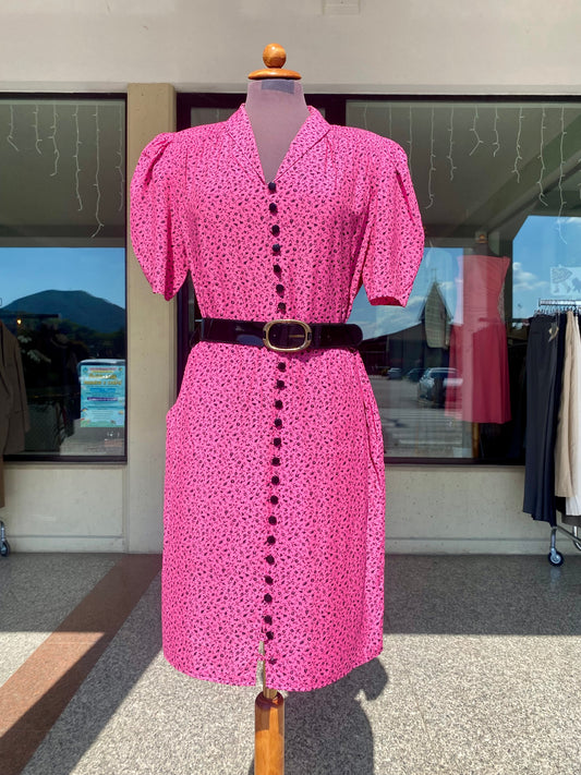 Abito anni ‘80 rosa lampone con microfantasia floreale - TG. 44 circa