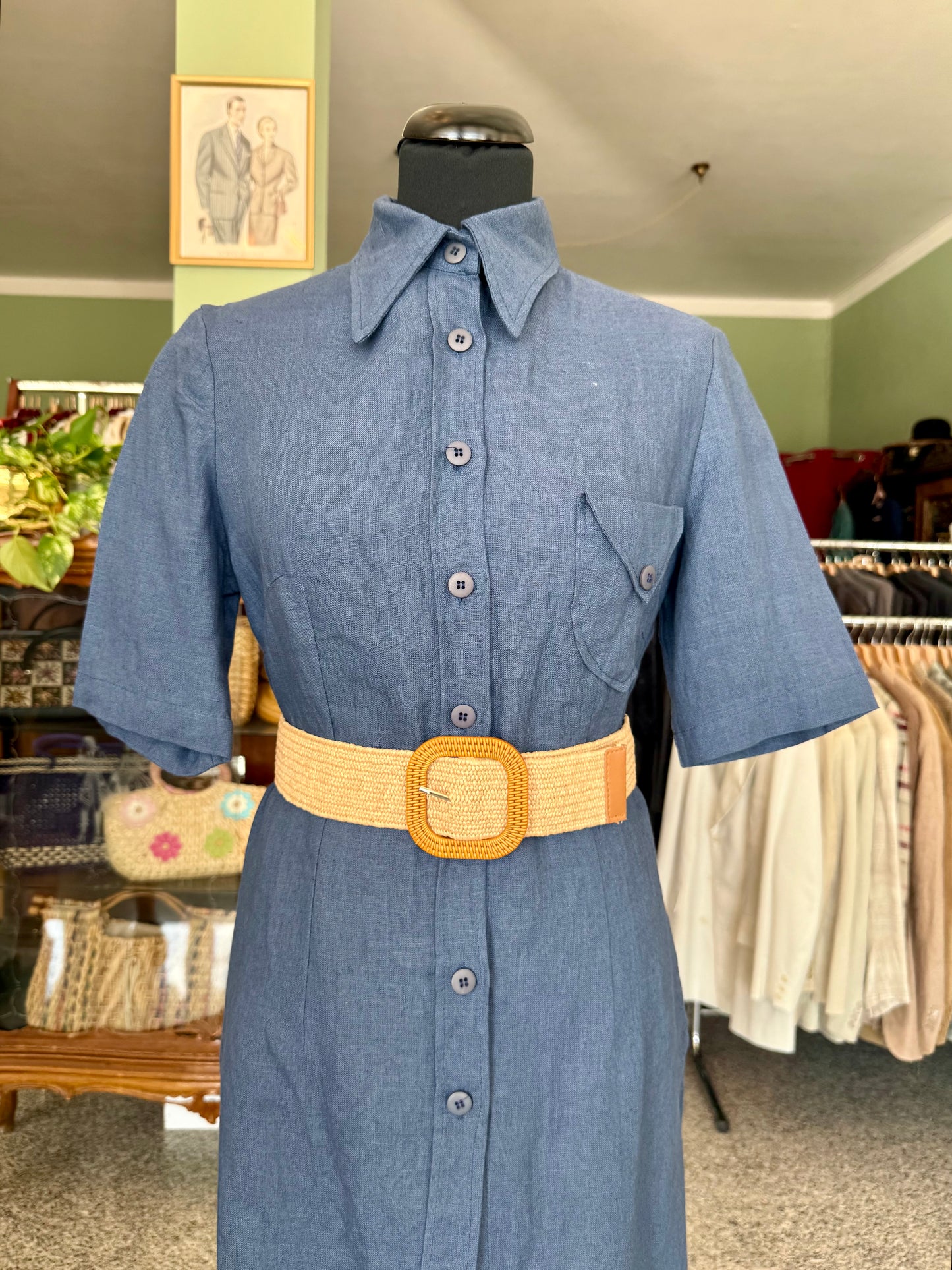 Abito camicia anni ’70 in puro lino blu denim - TG. 40 circa