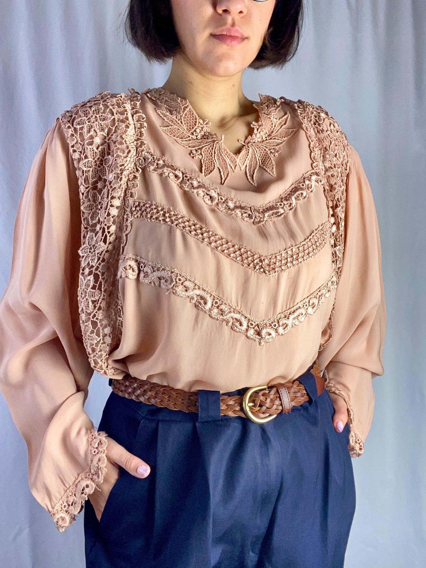 Camicia rosa pastello con pizzo - TG. 50/52
