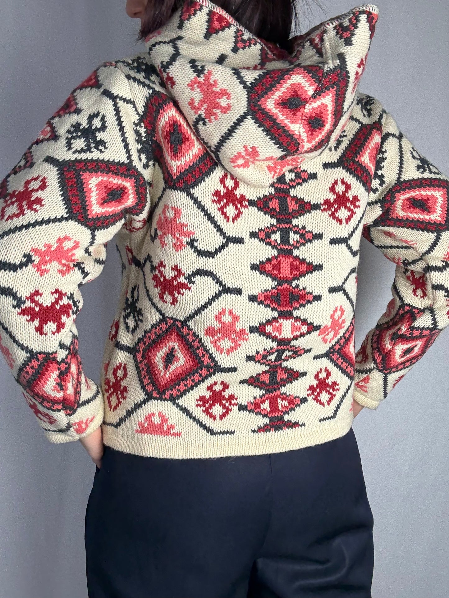 Cardigan vintage jacquard con cappuccio - TG. 38/40