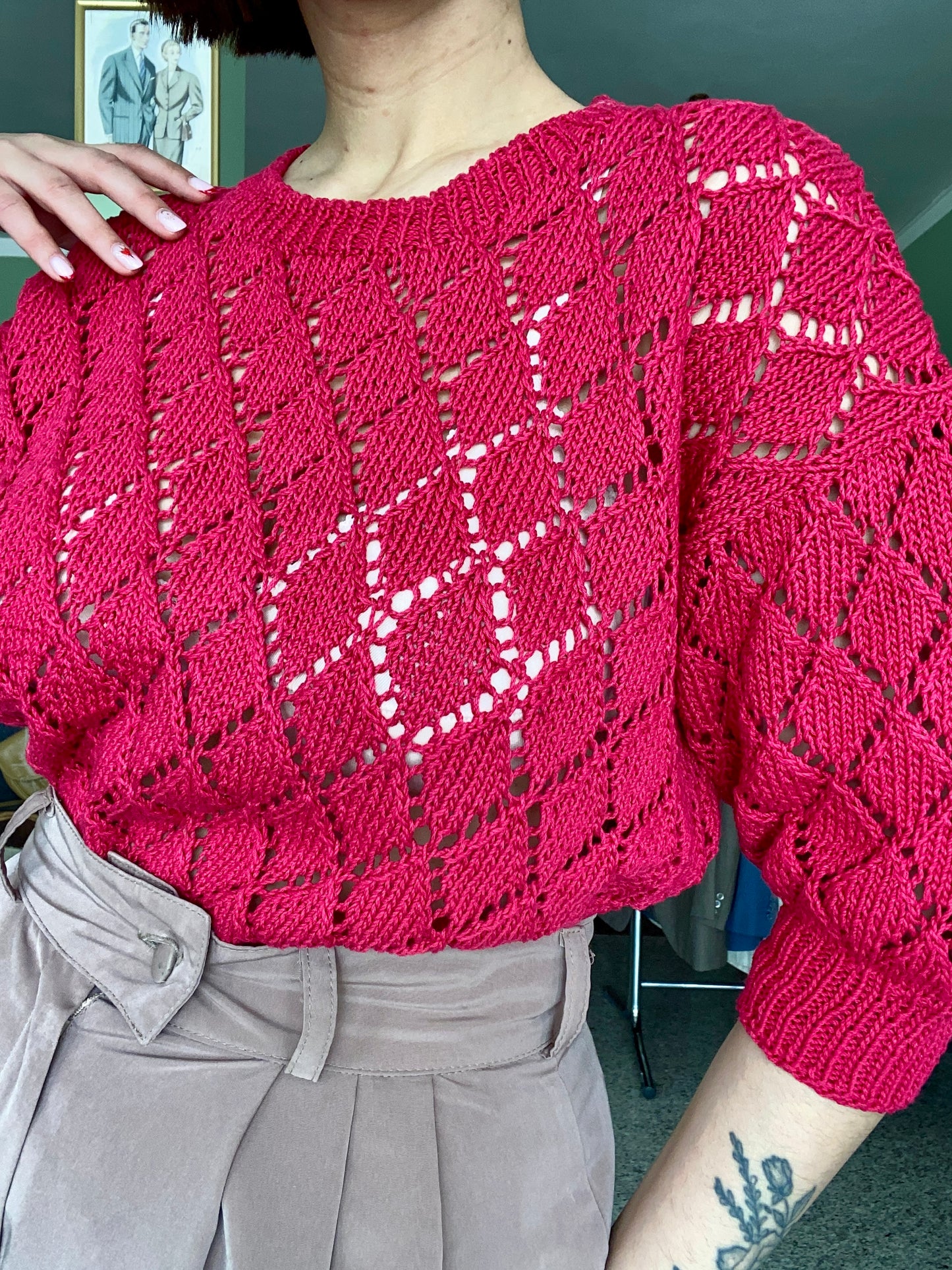 Maglia traforata vintage rosso ciliegia (anni ’80 – fatta a mano) - TG. 40/42 circa