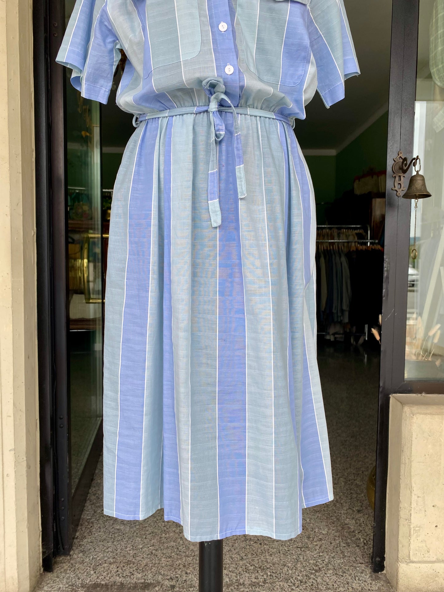 Abito chemisier vintage in cotone a righe azzurre - TG. 40/42