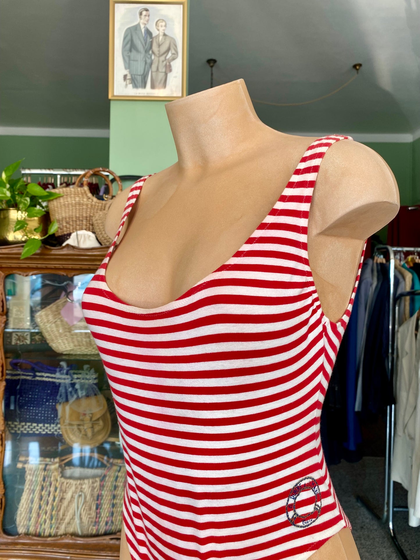 Costume da bagno anni ‘80 a righe rosse e bianche - TG. 38 circa