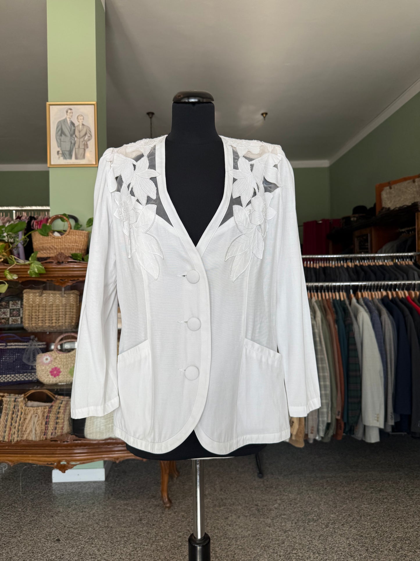 Giacca - camicia bianca anni ’80 con ricami floreali traforati- TG. 44