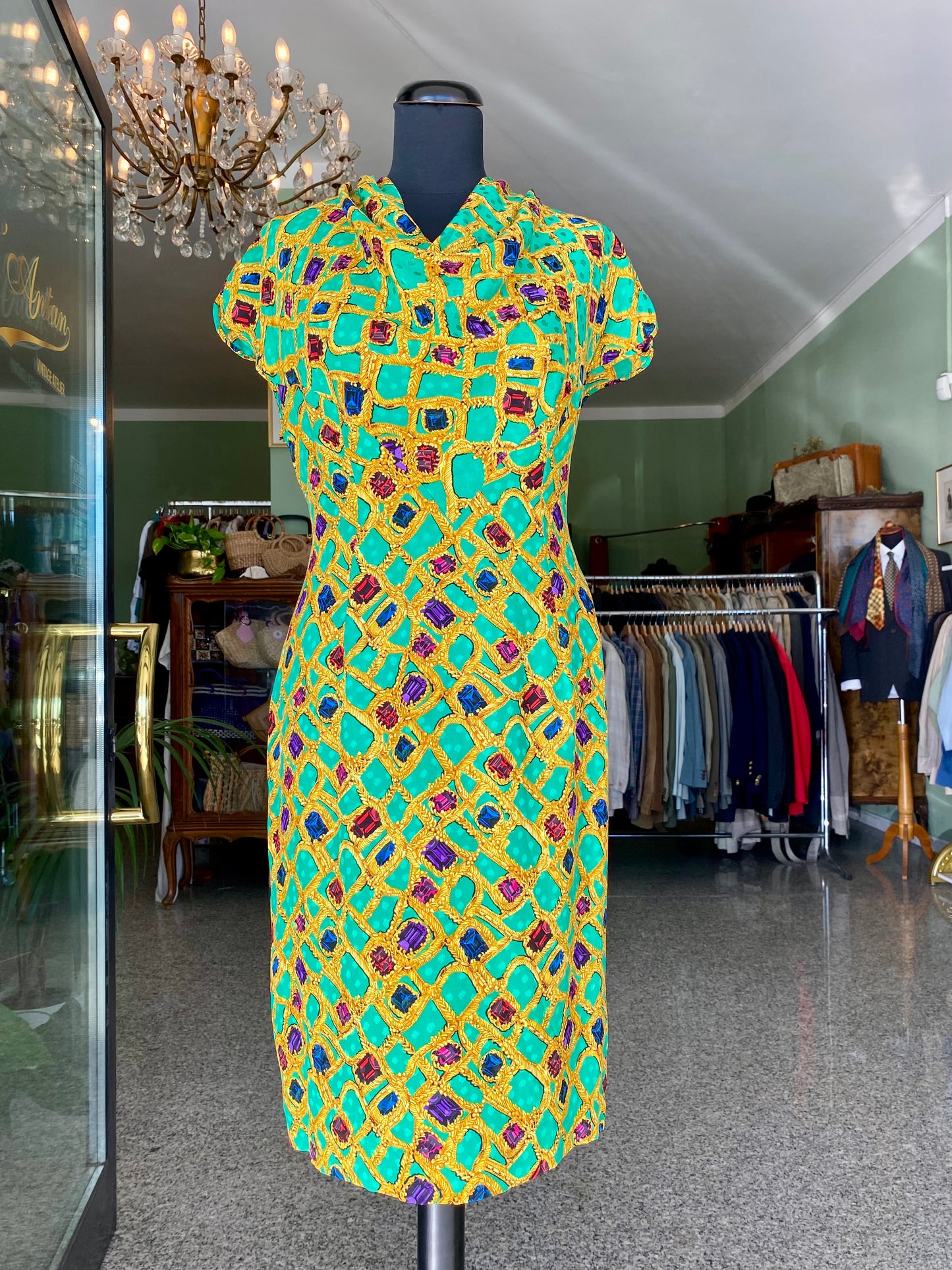 Abito sartoriale anni ’60 in pura seta – Gioiello grafico su fondo smeraldo - TG. 44/46