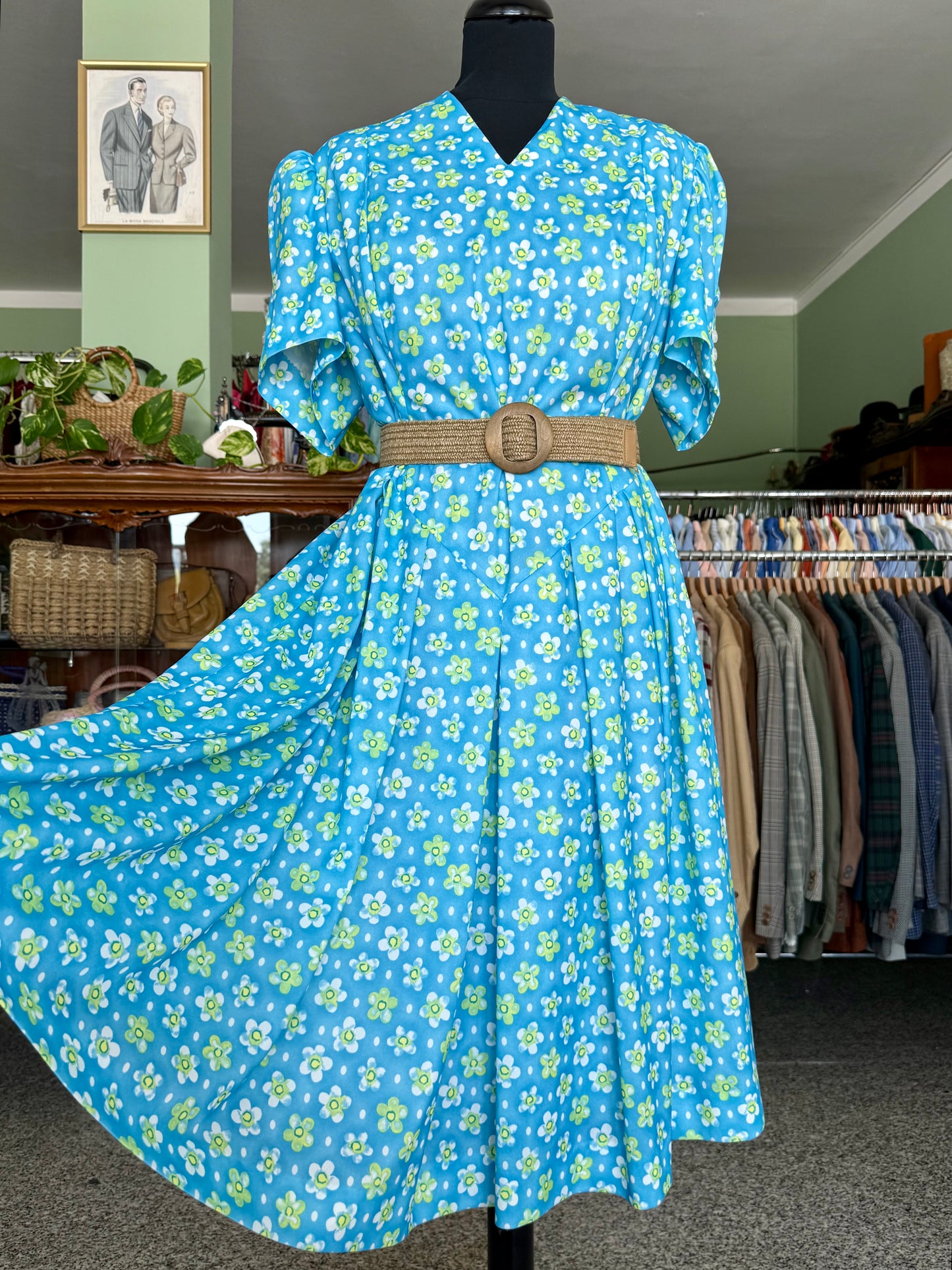 Abito anni ‘80 azzurro con fiori - TG. 52/54