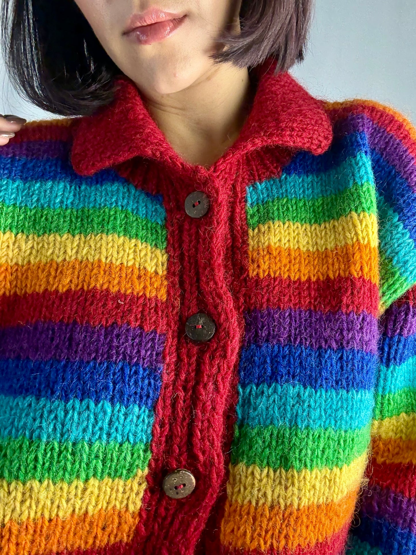 Cardigan in lana artigianale arcobaleno a righe - TG. 46/48/50