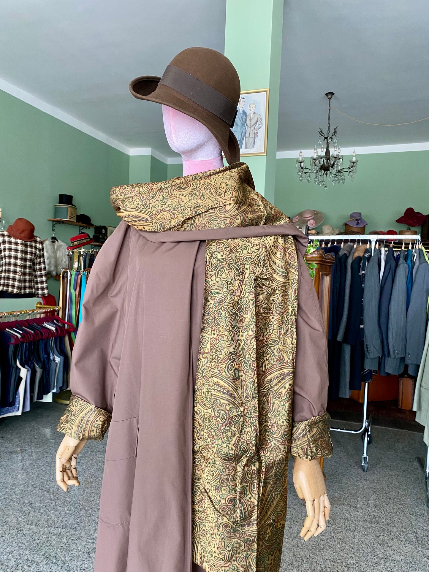 Trench Cioccolato con Sciarpa e fodera oro in Paisley - TG. 48/50/52