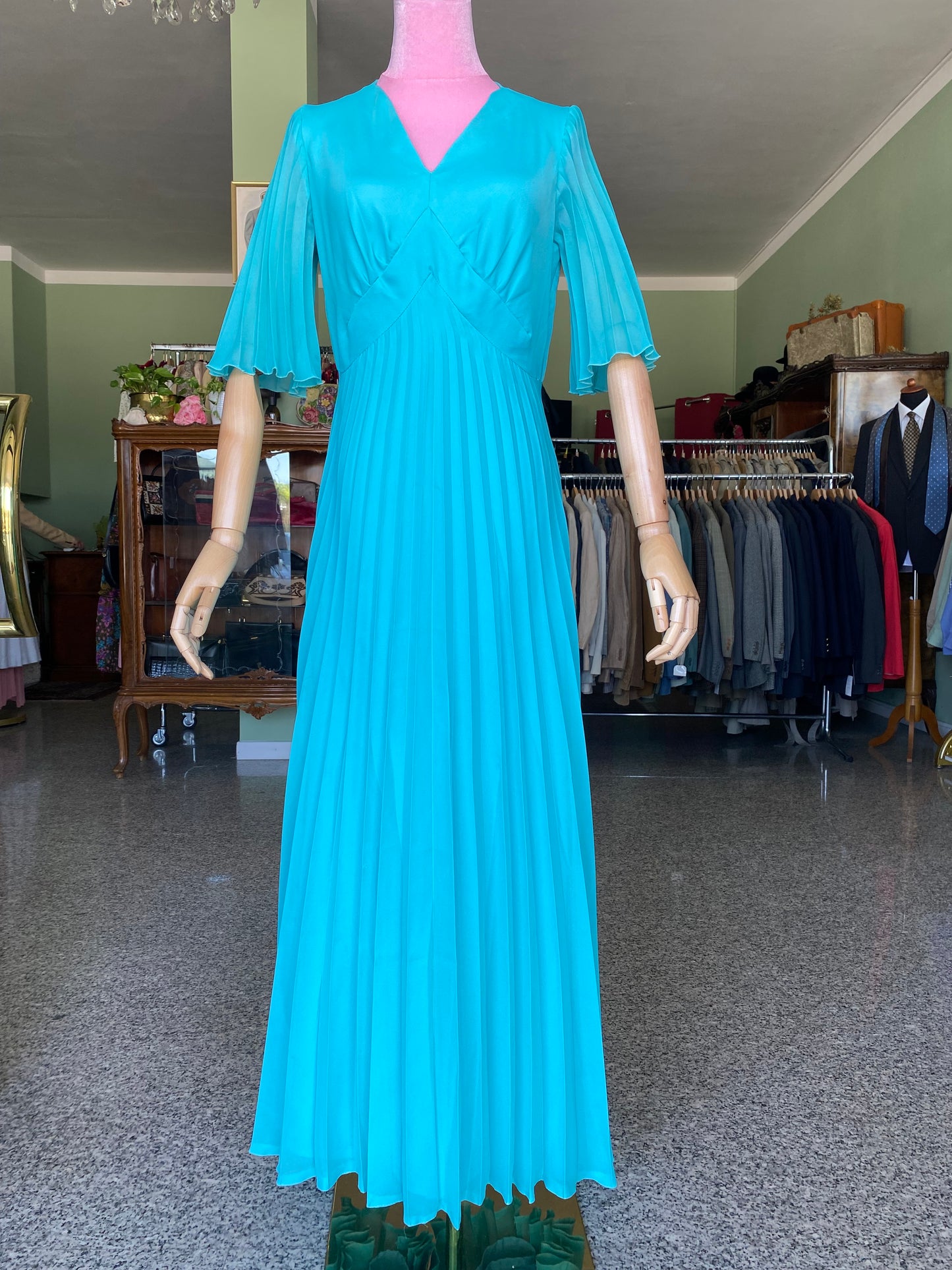 Maxi dress plissettato anni ‘70 turchese - TG.