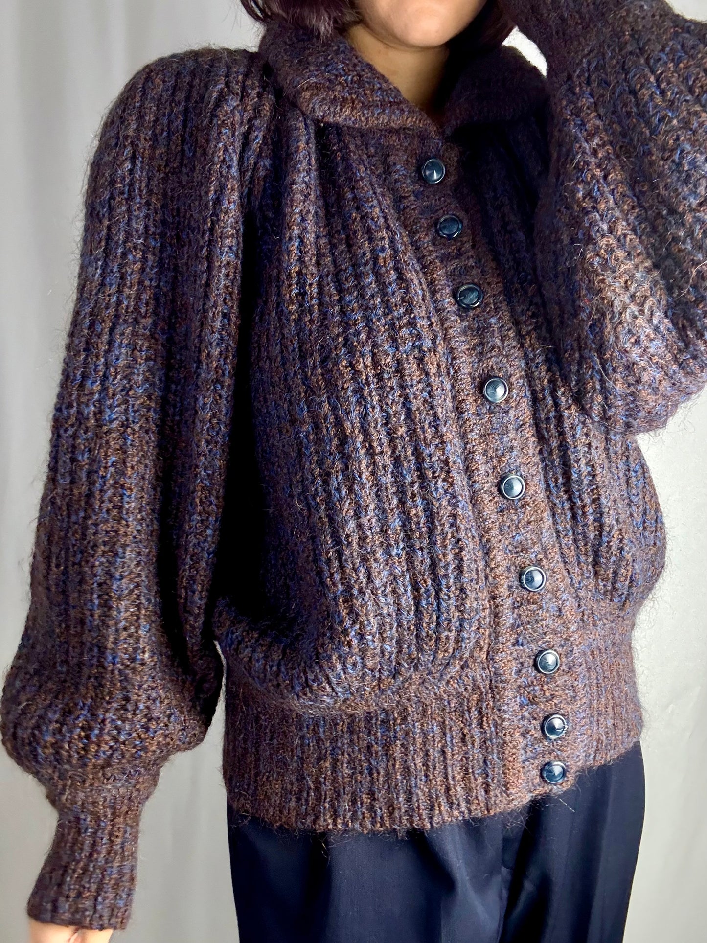 Cardigan anni ‘80 bouclé mélange con maniche balloon - TG. 44/46/48