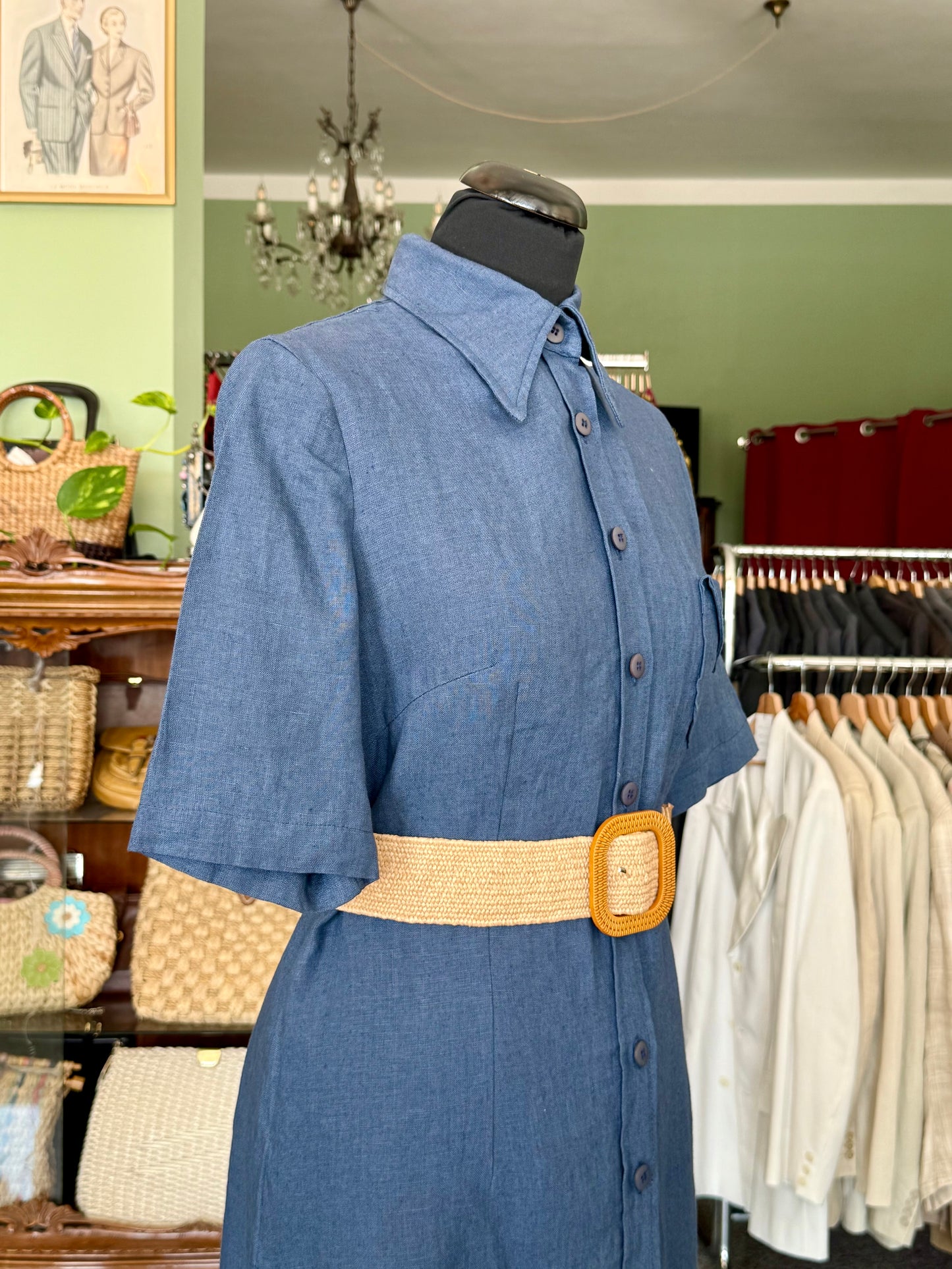 Abito camicia anni ’70 in puro lino blu denim - TG. 40 circa