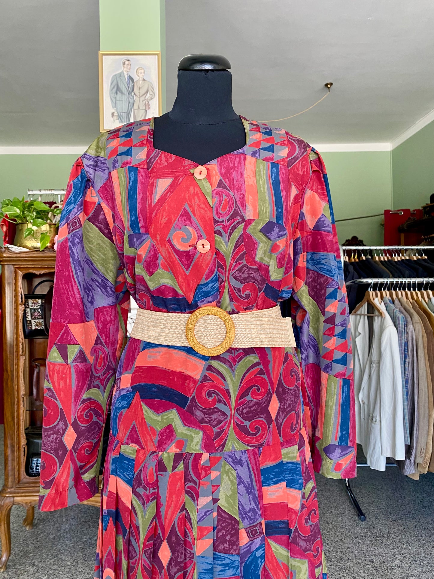 Completo vintage anni ’80 — camicia e gonna in stampa geometrico-tribale multicolor - TG. 46