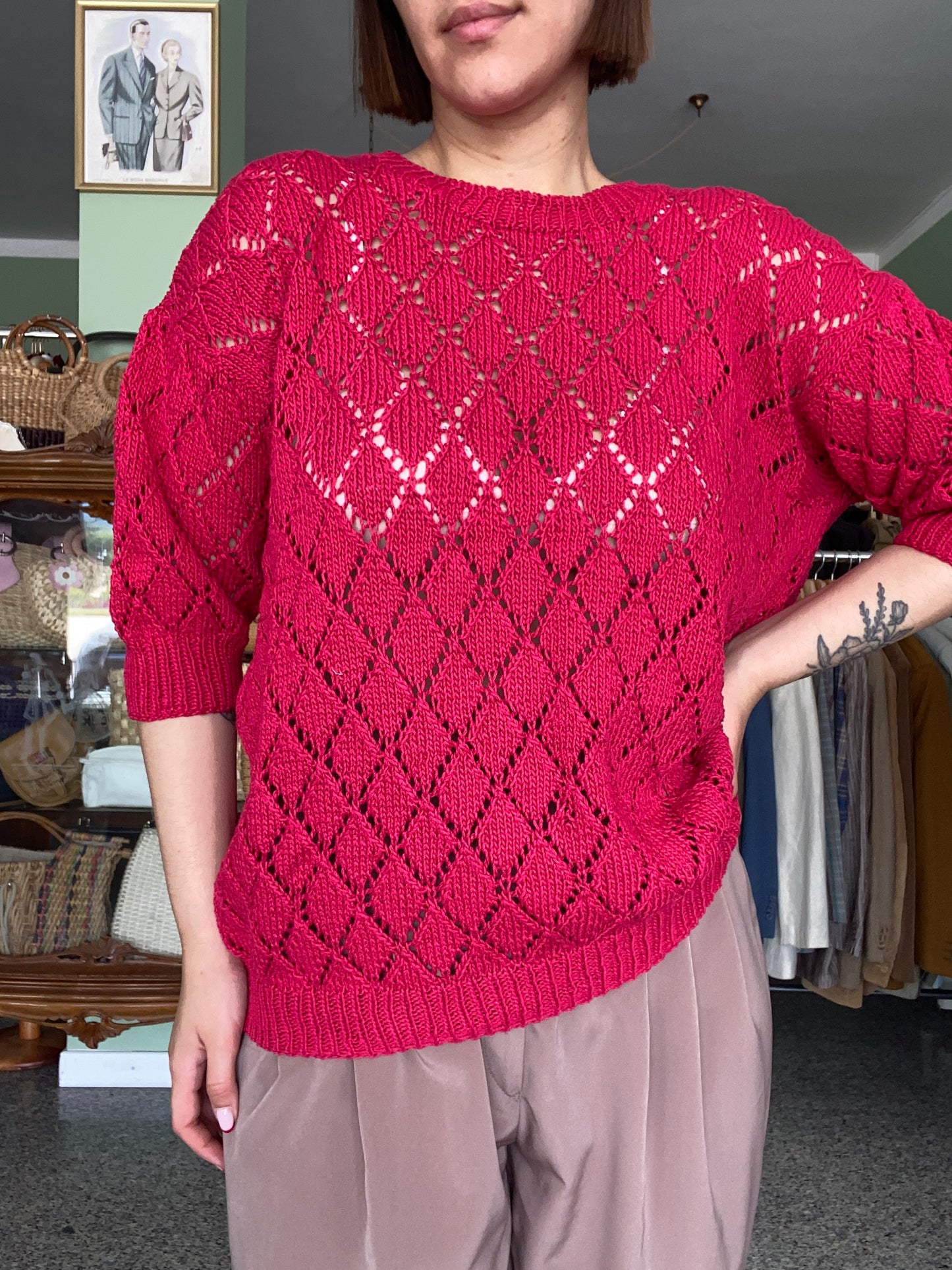Maglia traforata vintage rosso ciliegia (anni ’80 – fatta a mano) - TG. 40/42 circa