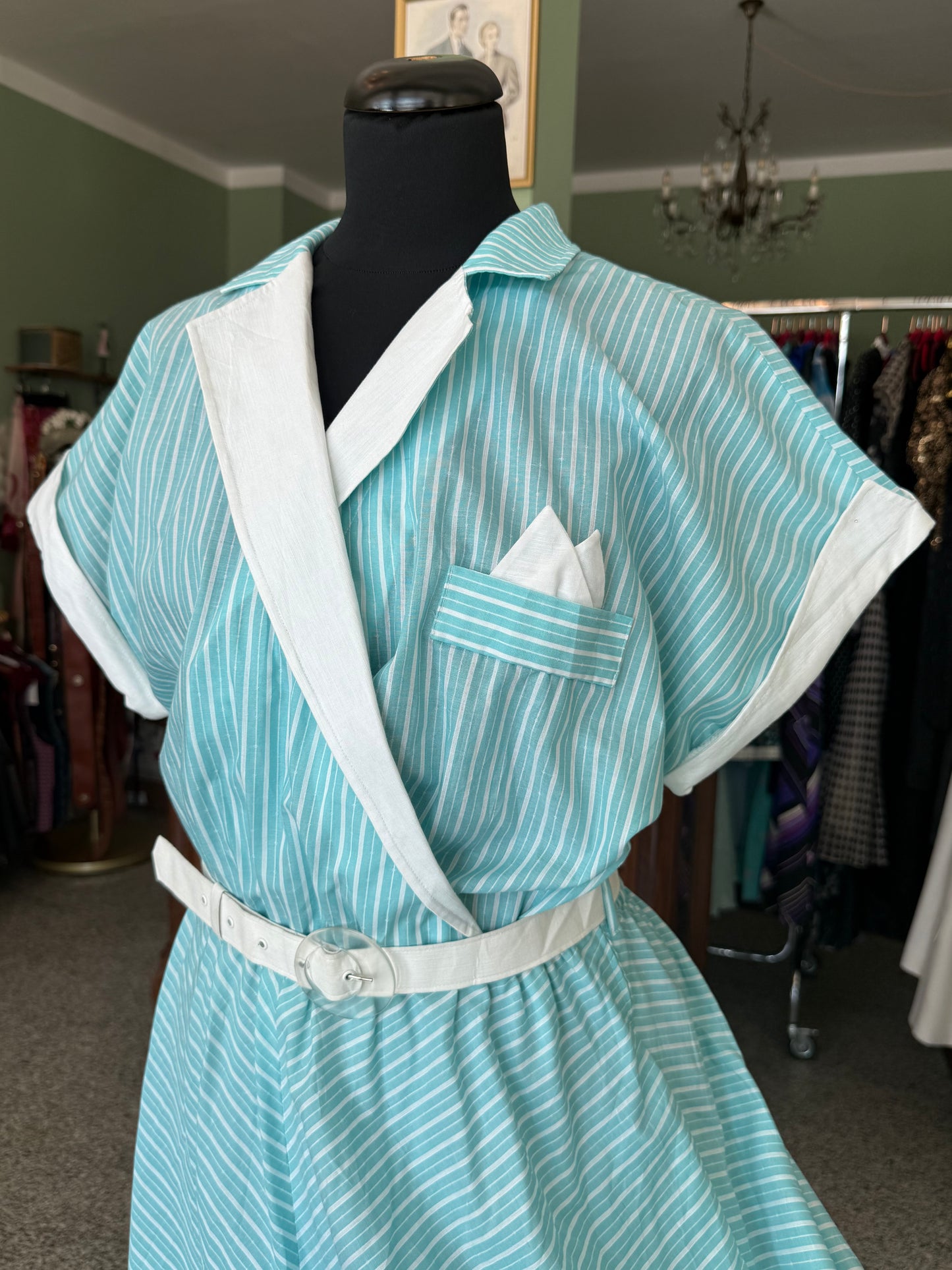 Abito anni ’80 stile rockabilly con righe bianche e turchesi - TG. 46