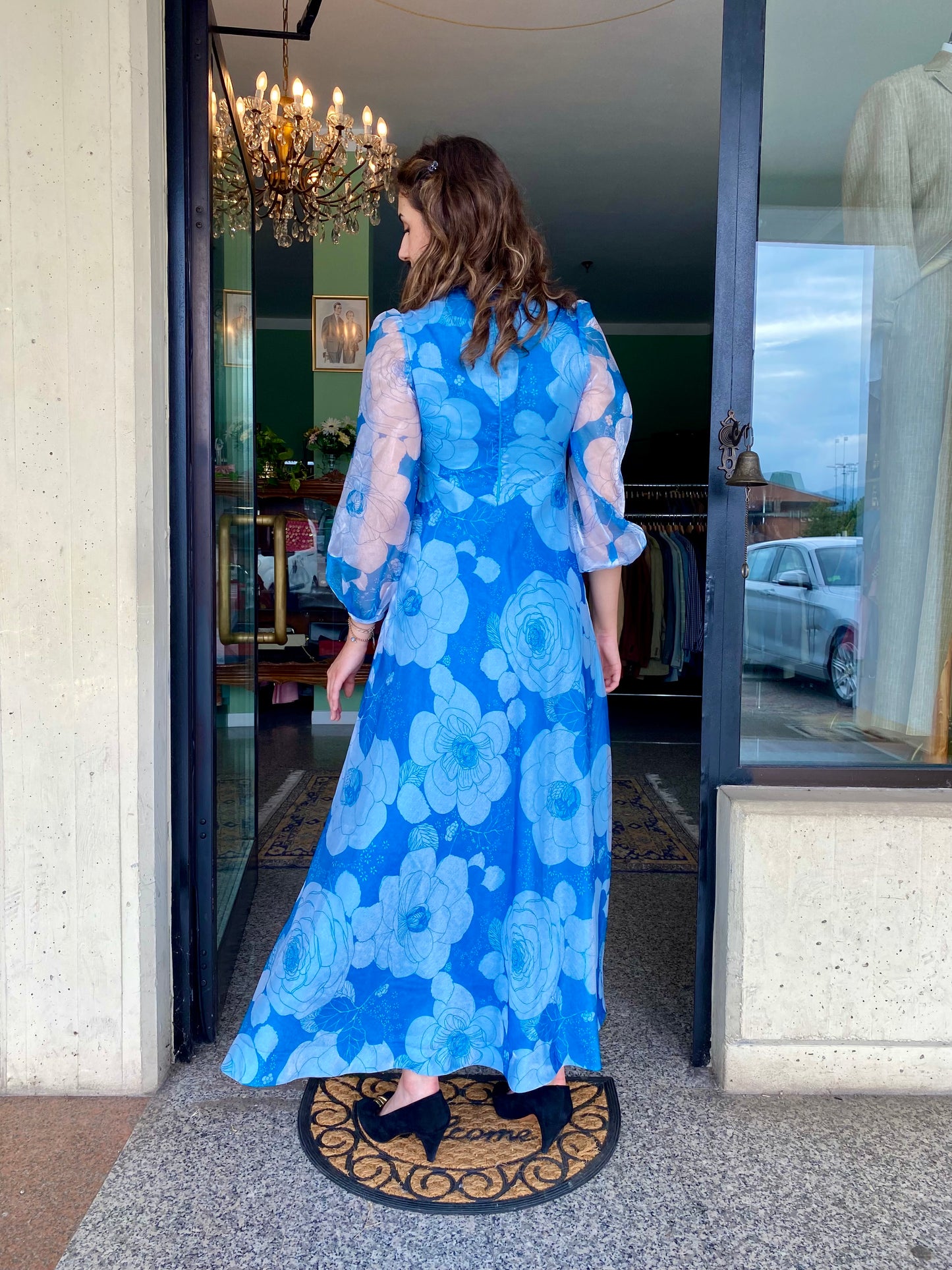 Maxi dress anni ‘70 bianco e celeste - TG. 38/40 circa